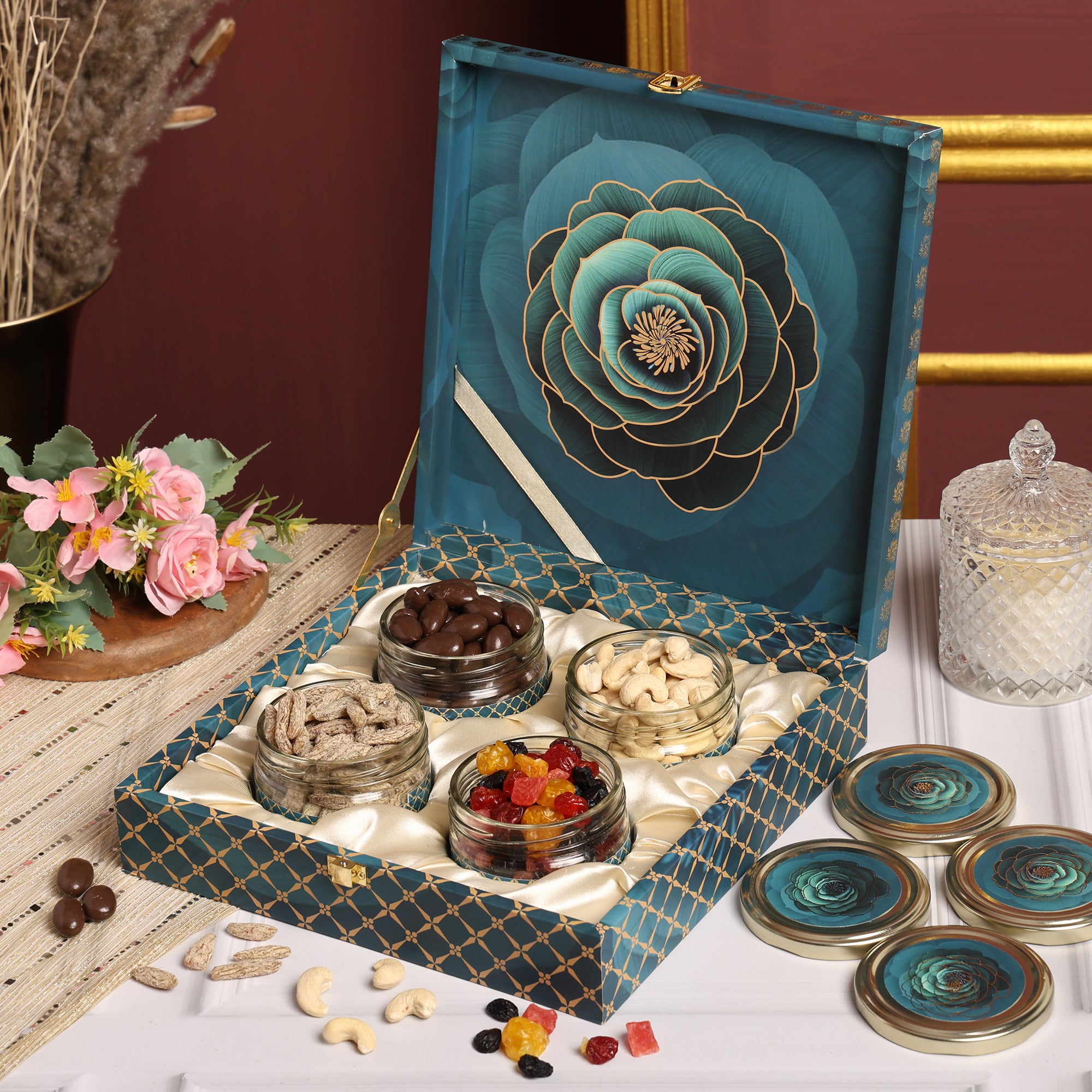 Riwaz Premium Blue Rose Gift Box |Premium 4-Jar Set | Almonds, Cashews, Pistachios , Walnuts , Figs & Raisins| Luxury Elegant & Reusable Gift Hamper