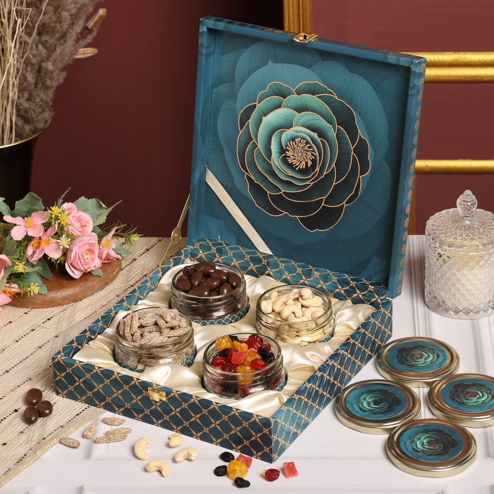 Riwaz Premium Blue Rose Gift Box | Choco-Dipped Almonds, Roasted Cashews, Kala Khatta Raisins & Mixed Berries | Elegant Gift for Rakhi, Diwali, Festival Weddings, Festivals & Corporate Gifting