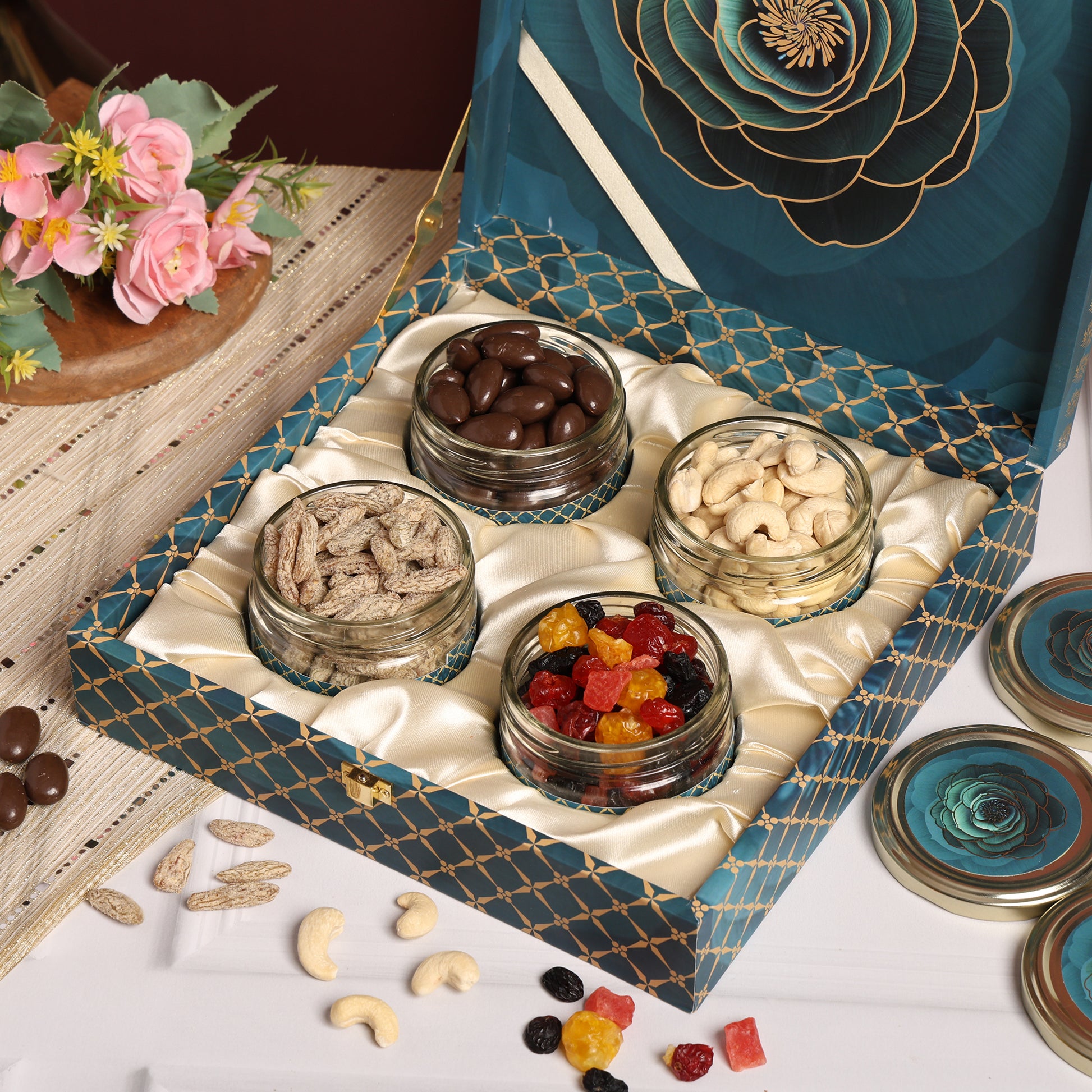 Riwaz Premium Blue Rose Gift Box | Choco-Dipped Almonds, Roasted Cashews, Kala Khatta Raisins & Mixed Berries | Elegant Gift for Rakhi, Diwali, Festival Weddings, Festivals & Corporate Gifting