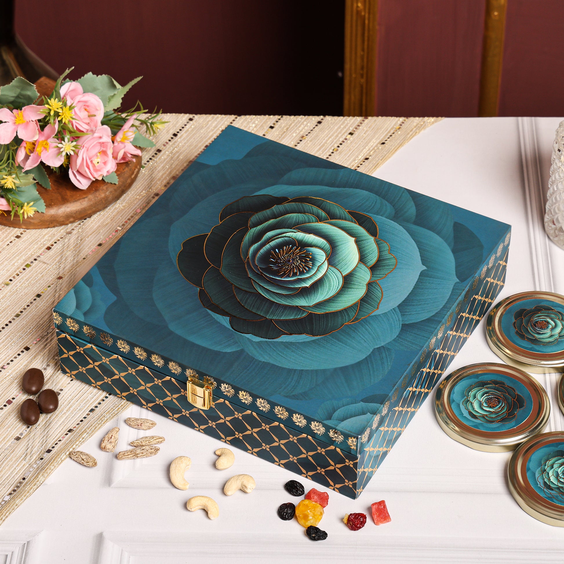 Riwaz Premium Blue Rose Gift Box | Choco-Dipped Almonds, Roasted Cashews, Kala Khatta Raisins & Mixed Berries | Elegant Gift for Rakhi, Diwali, Festival Weddings, Festivals & Corporate Gifting