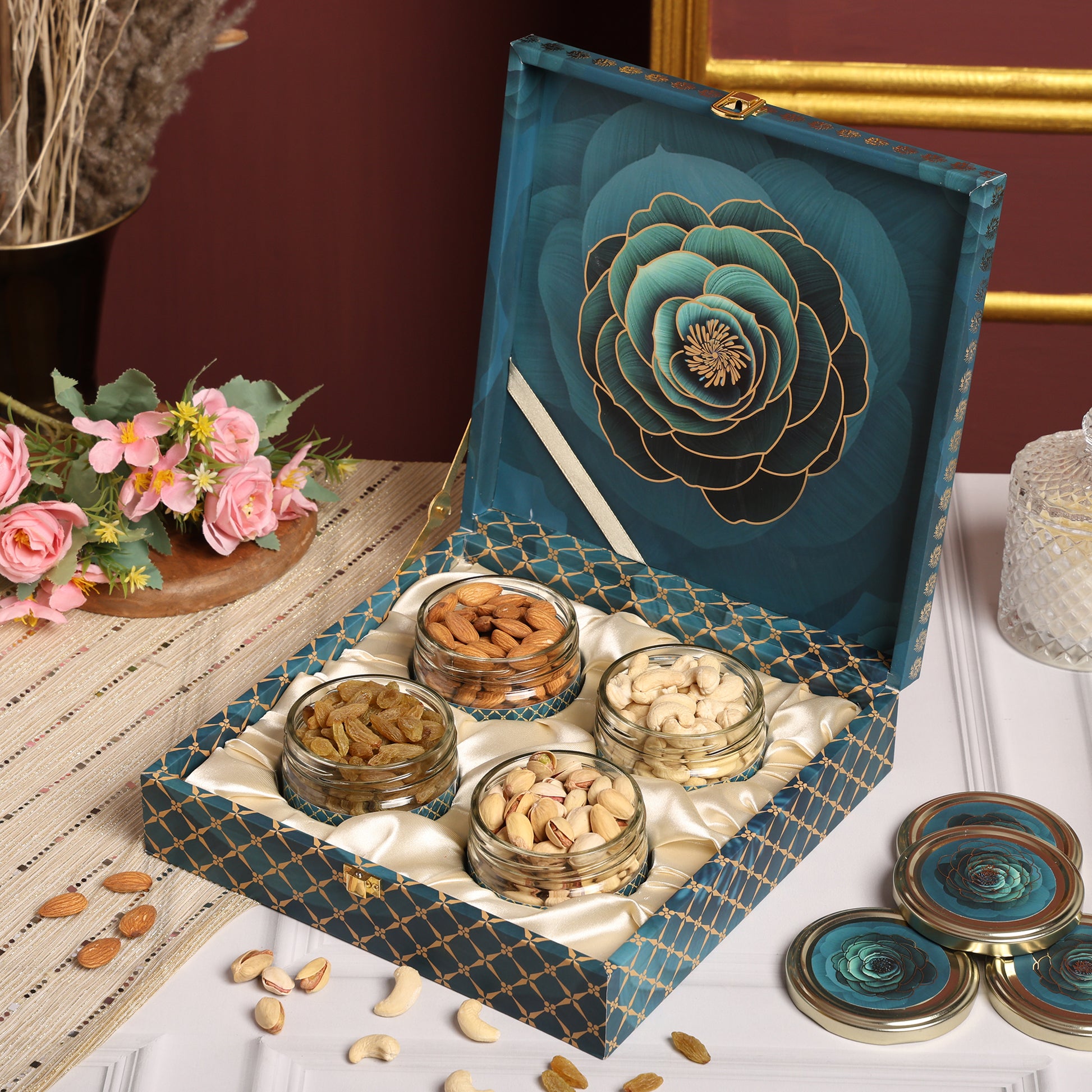 Riwaz Premium Blue Rose Gift Box | Choco-Dipped Almonds, Roasted Cashews, Kala Khatta Raisins & Mixed Berries | Elegant Gift for Rakhi, Diwali, Festival Weddings, Festivals & Corporate Gifting