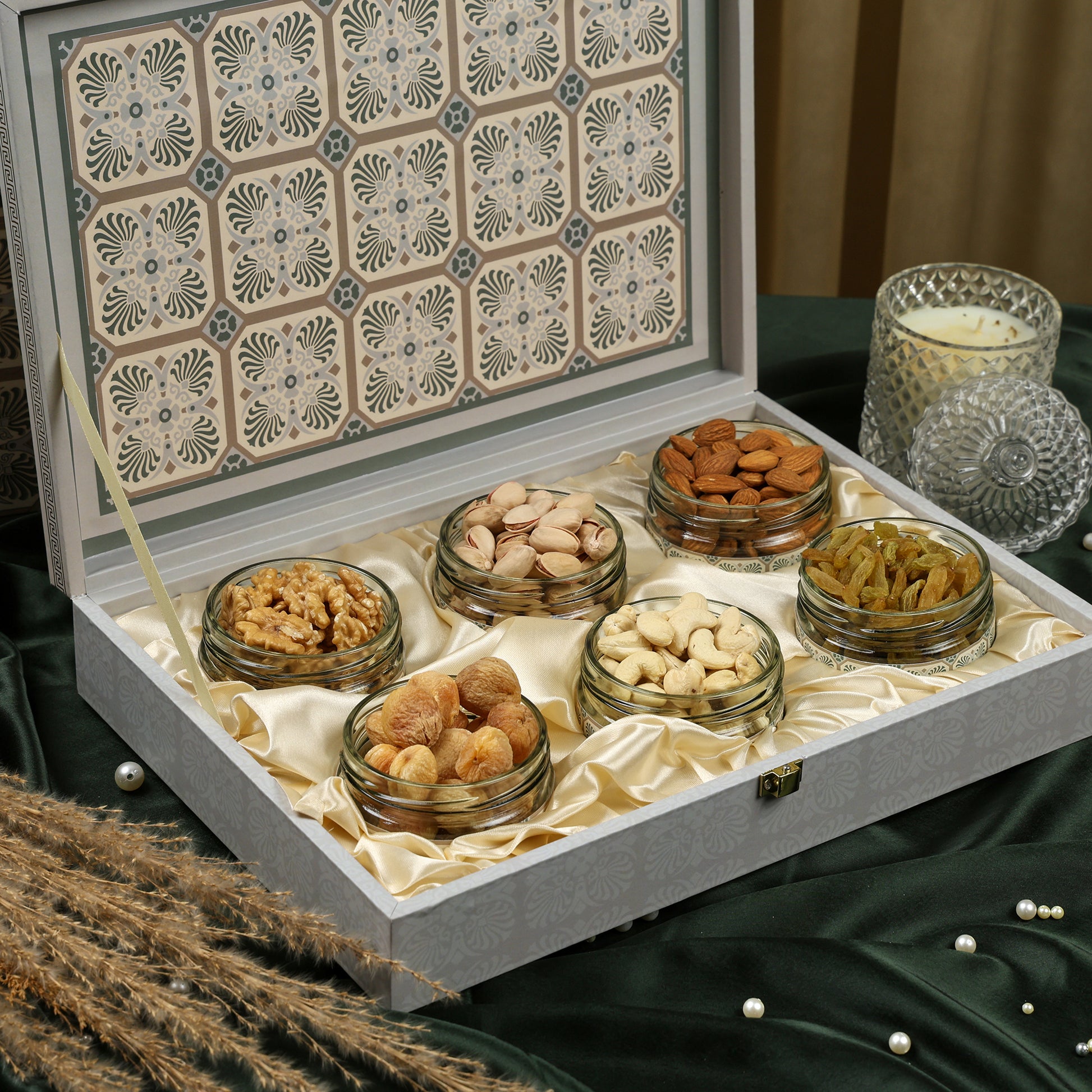 Riwaz Premium Square Design Dry Fruit Gift Box – Assorted Premium Nuts & Dry Fruits in Elegant Jar Packaging | Healthy Gourmet Gift for Festivals, Weddings & Corporate Gifting