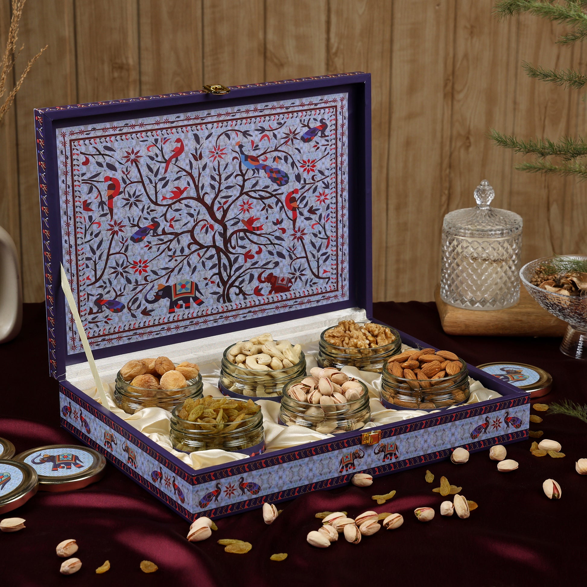 Riwaz Premium Dry Fruit Gift Box with 6 Glass Jars – Almonds, Cashews, Pistachios,..s, Raisins & Apricots | Handcrafted Elephant Theme Box for Diwali, Rakhi, Wedding & Corporate Gifting