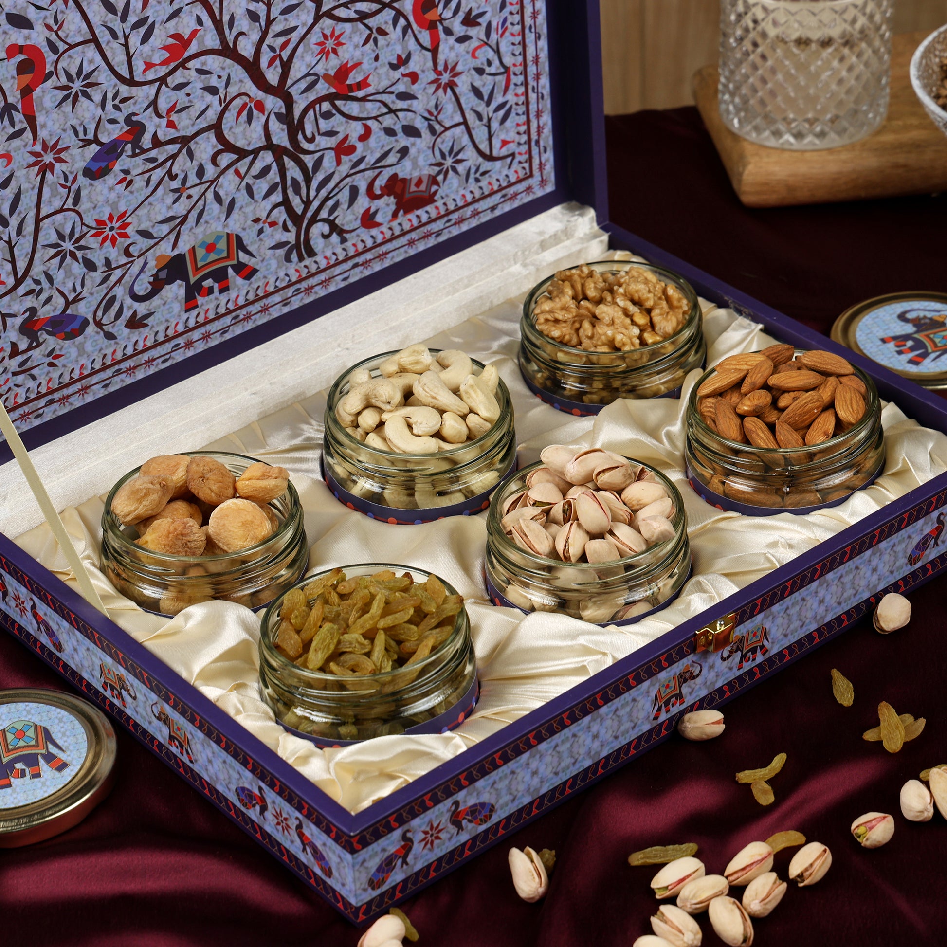 Riwaz Premium Dry Fruit Gift Box with 6 Glass Jars – Almonds, Cashews, Pistachios,..s, Raisins & Apricots | Handcrafted Elephant Theme Box for Diwali, Rakhi, Wedding & Corporate Gifting