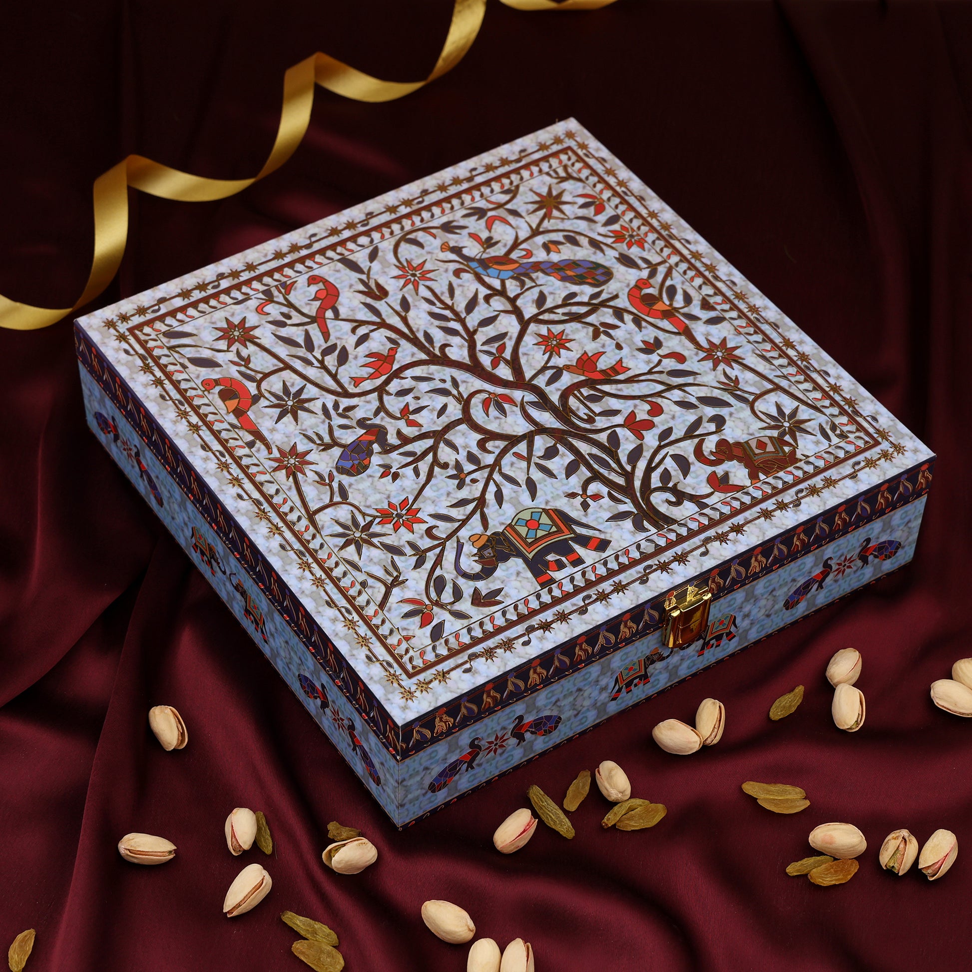 Riwaz Premium Blue Peacock Gift Box – Exquisite 4-Jar Collection with Almonds, Cashews, Pistachios & Raisins | Ideal for Weddings, Festivals & Corporate Gifting