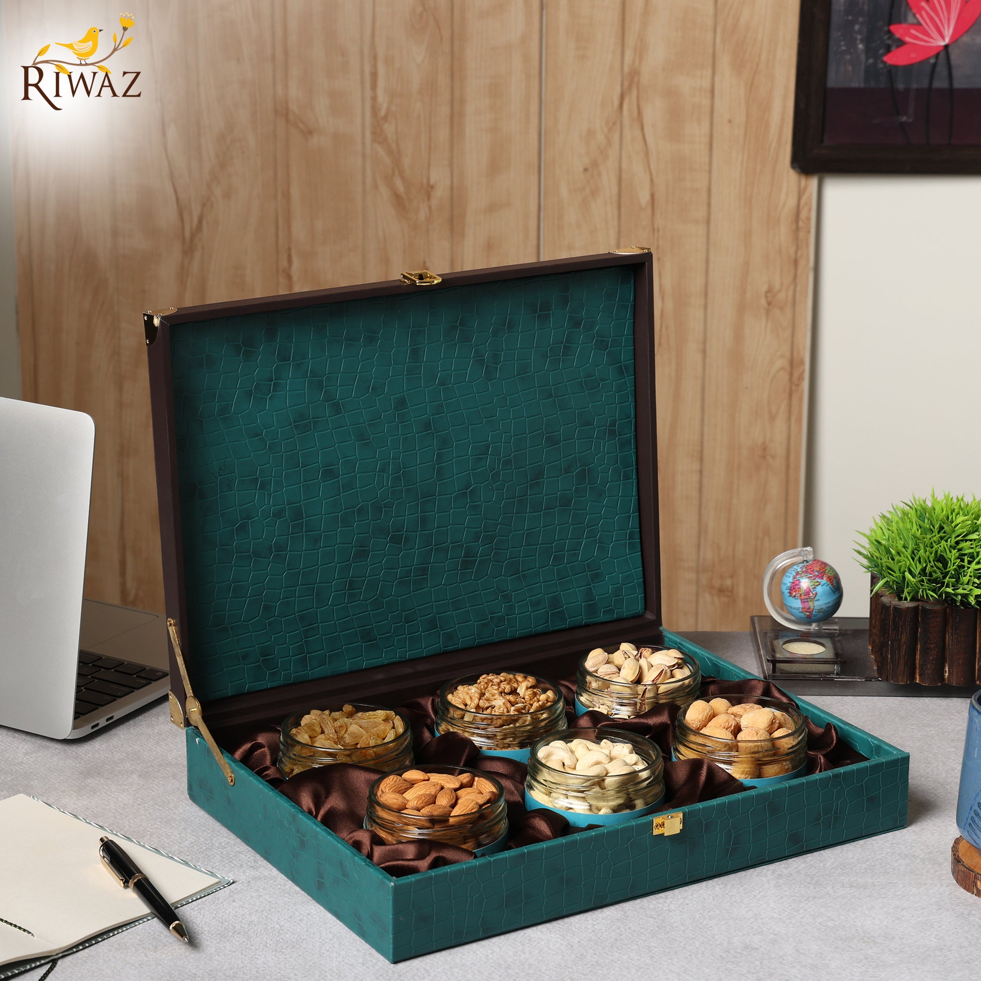 Riwaz Luxury Dry Fruit Gift Box with 6 Glass Jars – Almonds, Cashews, Pistachios, Walnuts, Raisins & Apricots | Premium Velvet-Lined Hamper for Diwali, Rakhi, Corporate & Wedding Gifting