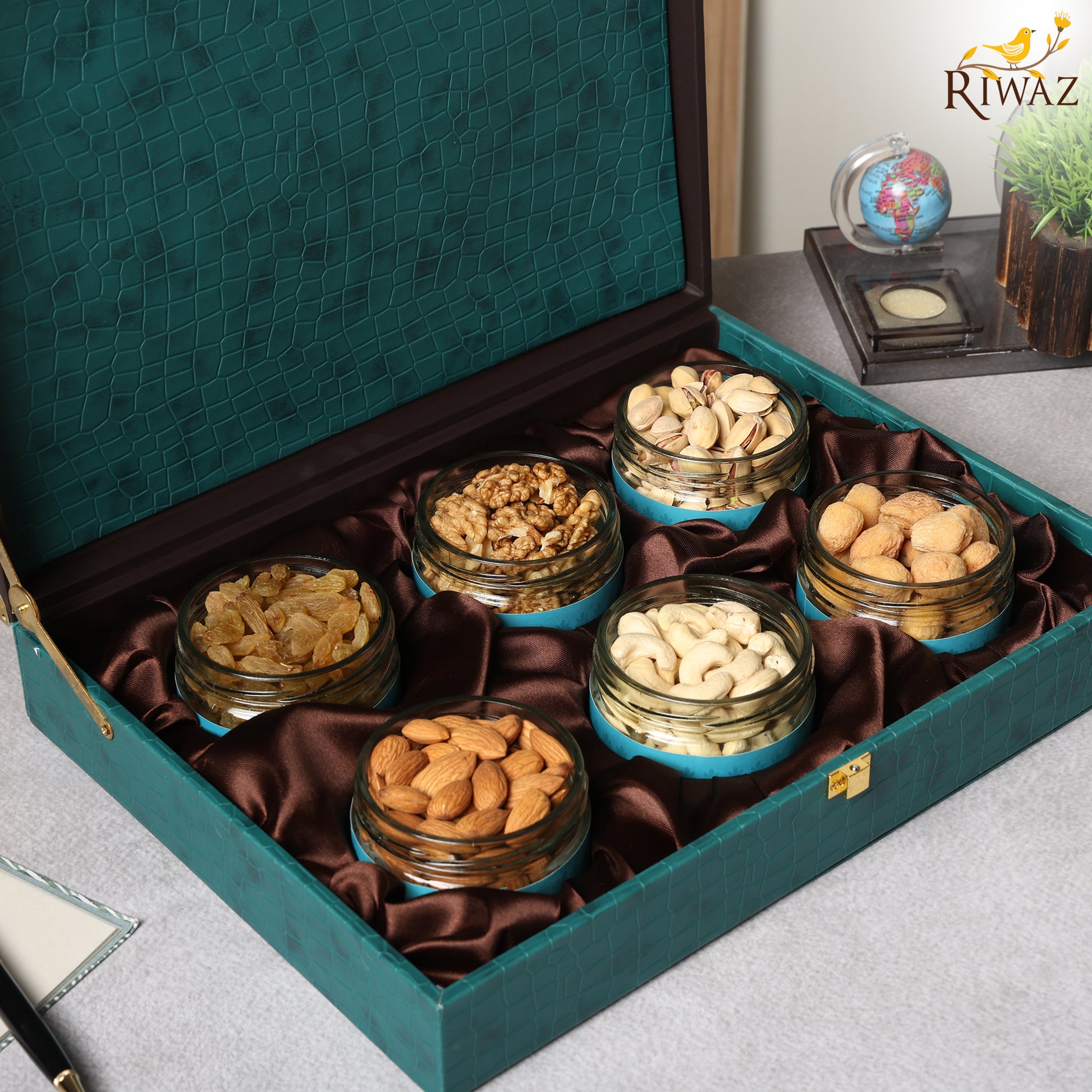 Riwaz Luxury Dry Fruit Gift Box with 6 Glass Jars – Almonds, Cashews, Pistachios, Walnuts, Raisins & Apricots | Premium Velvet-Lined Hamper for Diwali, Rakhi, Corporate & Wedding Gifting