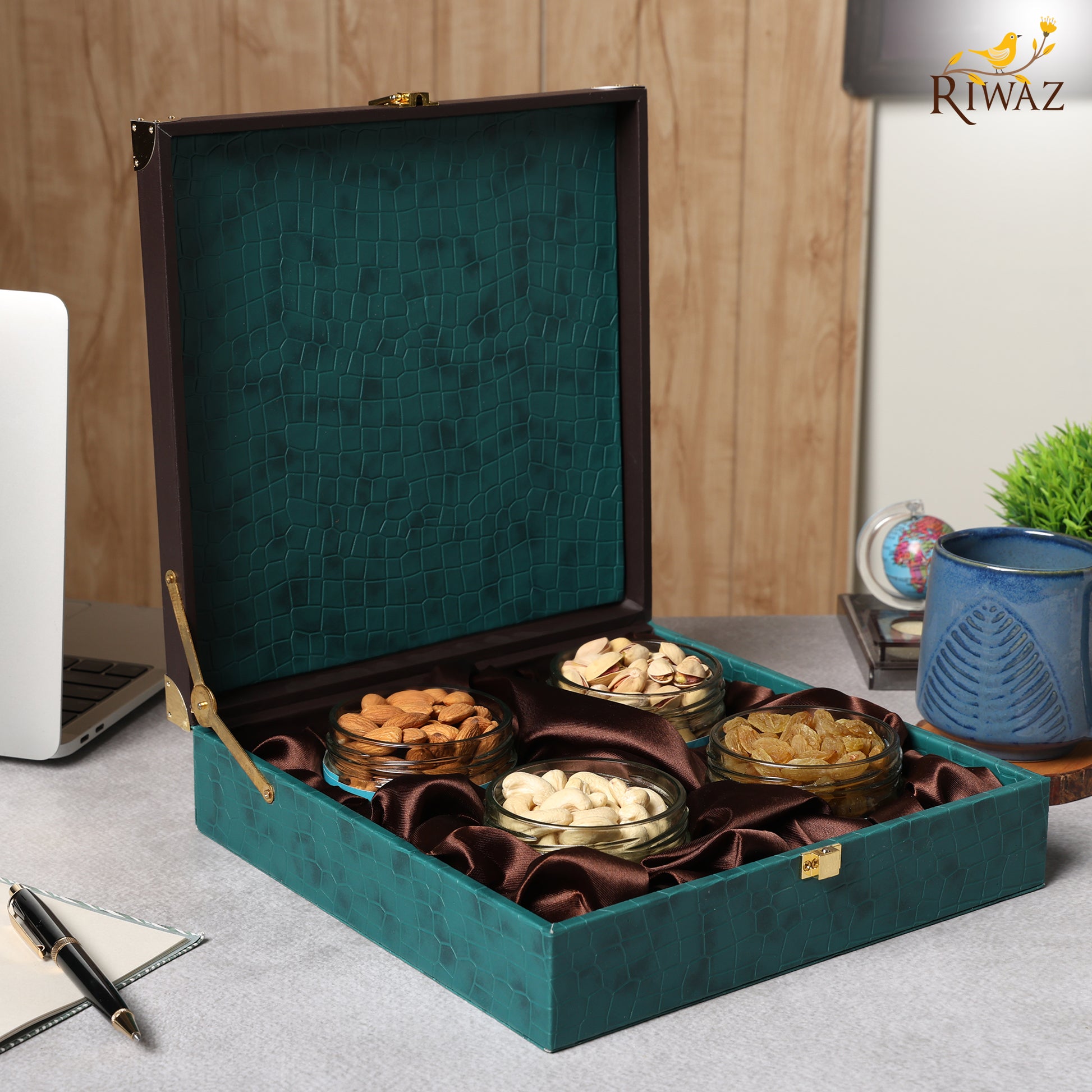 Riwaz Premium Velvet Dry Fruit Gift Box | Elegant Teal Hamper Almonds, Cashews, Pistachios & Raisins | Perfect for Rakhi, Diwali, Wedding, Corporate & Festive Gifting