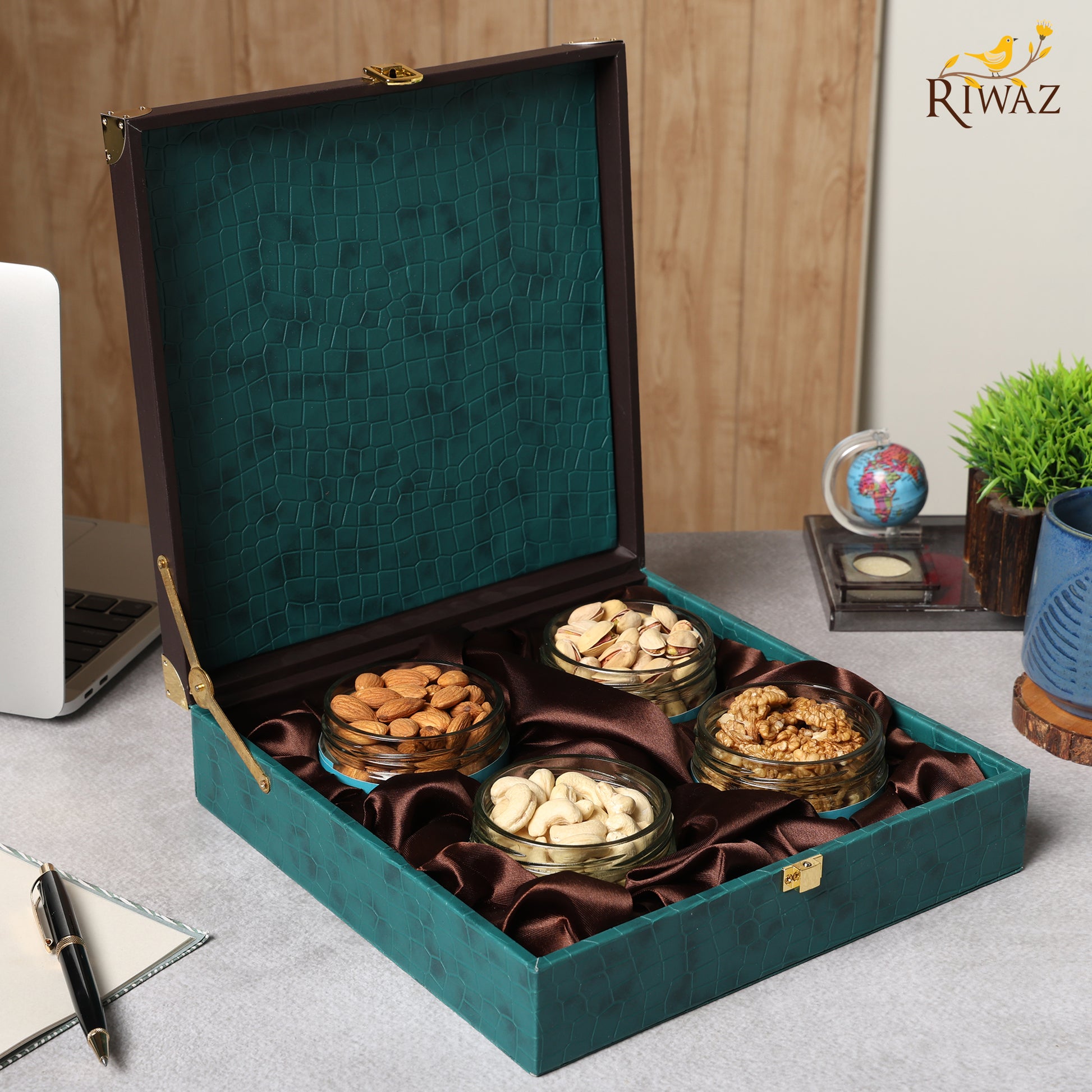 Riwaz Premium Velvet Dry Fruit Gift Box | Elegant Teal Hamper Almonds, Cashews, Pistachios & Raisins | Perfect for Rakhi, Diwali, Wedding, Corporate & Festive Gifting