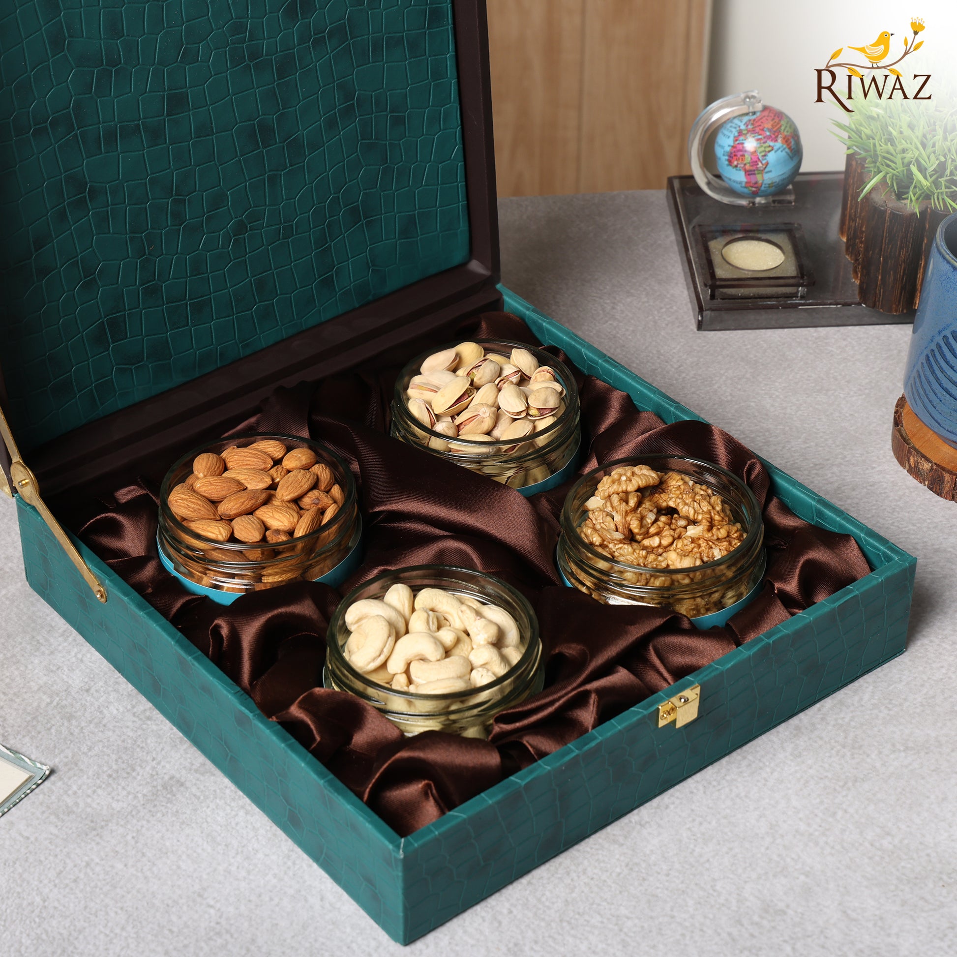 Riwaz Premium Velvet Dry Fruit Gift Box | Elegant Teal Hamper Almonds, Cashews, Pistachios & Raisins | Perfect for Rakhi, Diwali, Wedding, Corporate & Festive Gifting