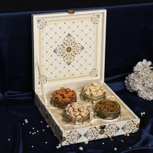 Luxury Riwaz White Marble Dry Fruit Box |  Premium 4-Jar Set | Almonds, Cashews, Pistachios , Walnuts , Figs & Raisins| Luxury Elegant & Reusable