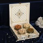 Luxury Riwaz White Marble Dry Fruit Box |  Premium 4-Jar Set | Almonds, Cashews, Pistachios , Walnuts , Figs & Raisins| Luxury Elegant & Reusable