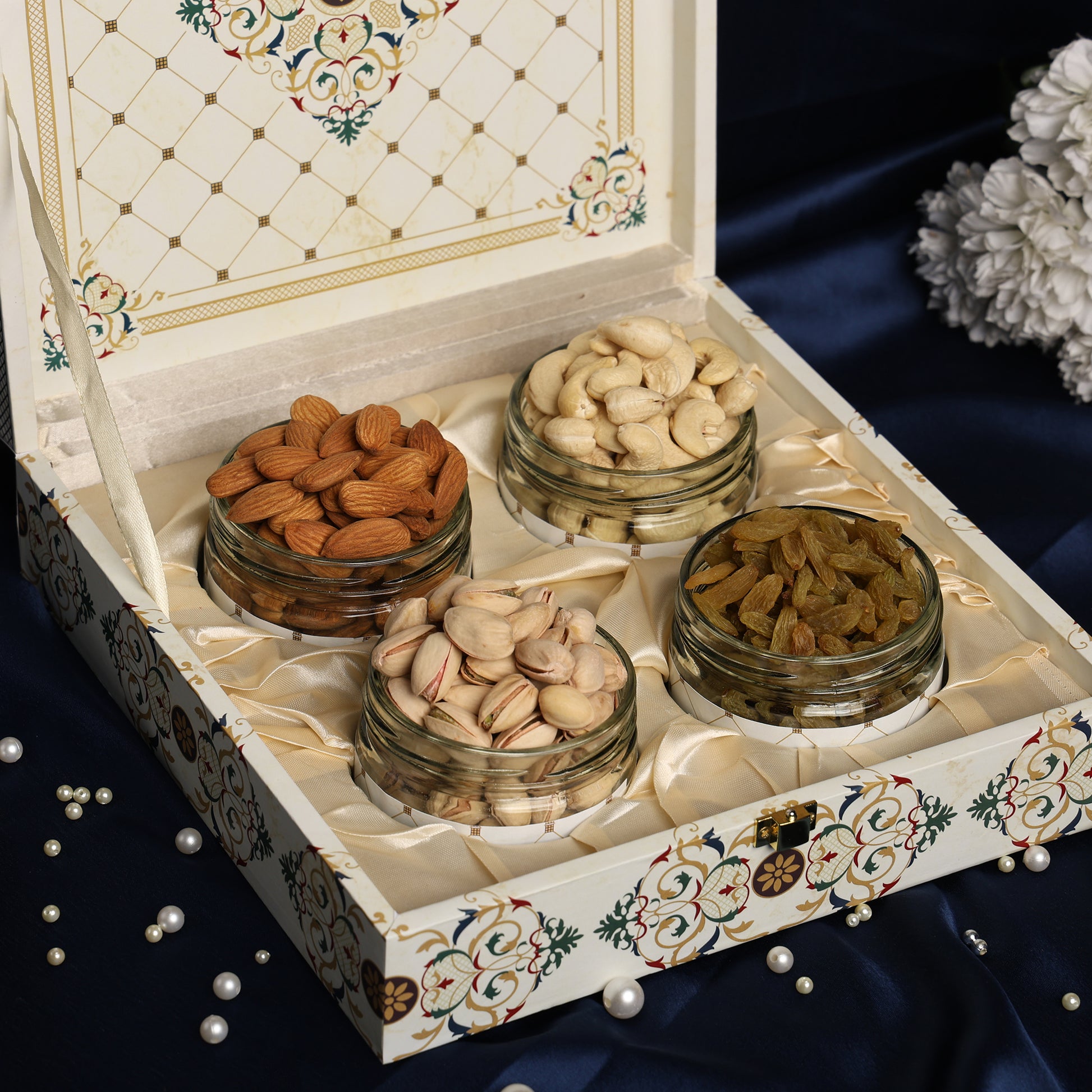 Riwaz Premium White Flower Handmade Dry Fruit Gift Box | Premium Assorted Almonds, Cashews, Pistachios & Raisins | Natural & Luxurious Festive Hamper for Diwali, Weddings & Corporate Gifting