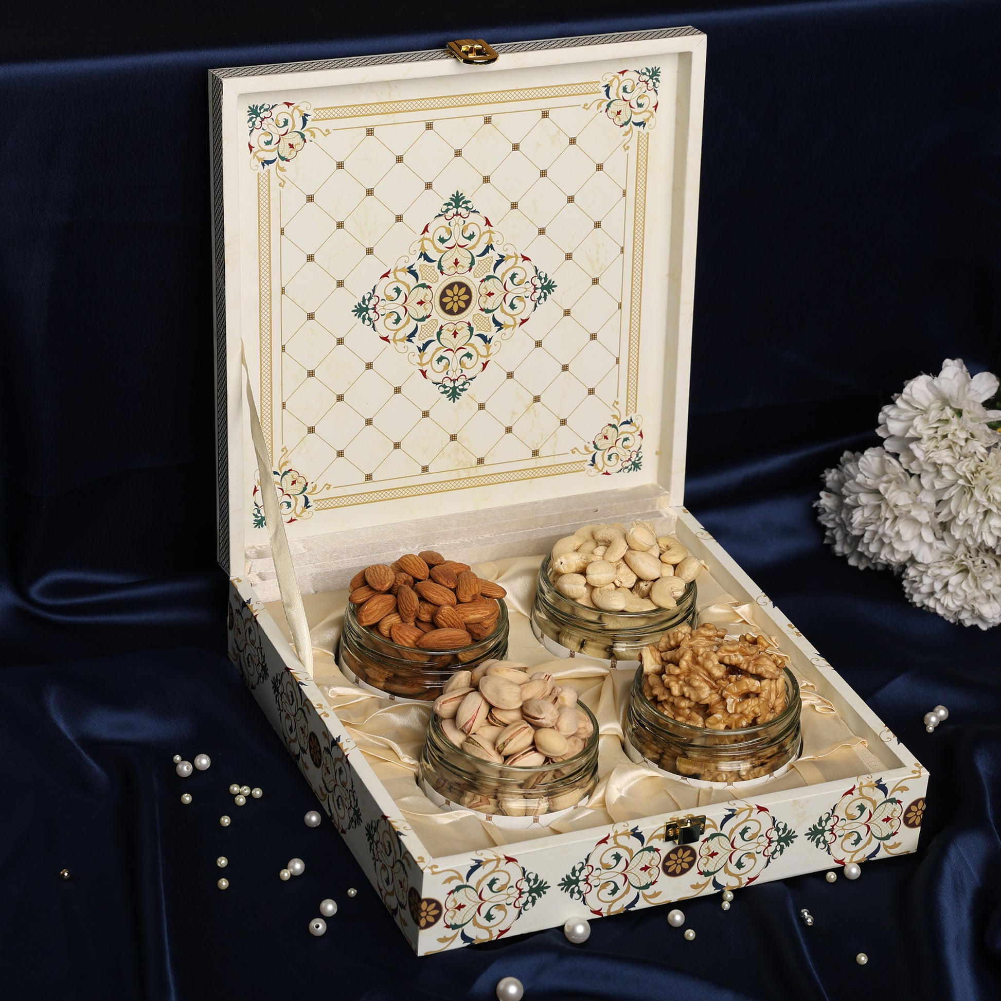 Riwaz Premium White Flower Handmade Dry Fruit Gift Box | Premium Assorted Almonds, Cashews, Pistachios & Raisins | Natural & Luxurious Festive Hamper for Diwali, Weddings & Corporate Gifting