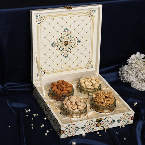 Luxury Riwaz White Marble Dry Fruit Box |  Premium 4-Jar Set | Almonds, Cashews, Pistachios , Walnuts , Figs & Raisins| Luxury Elegant & Reusable