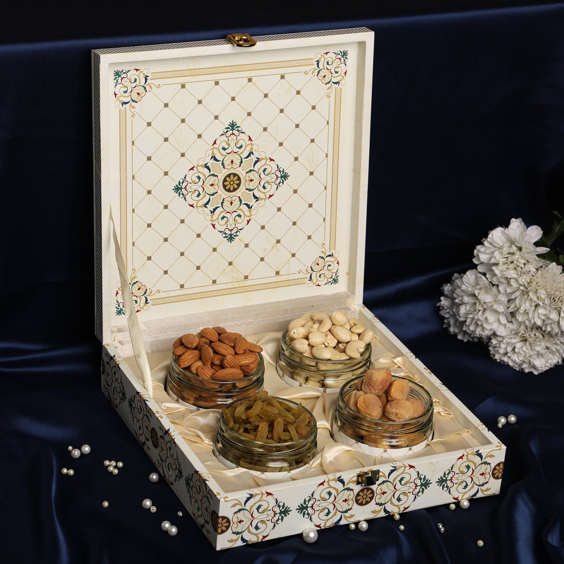 Riwaz Premium White Flower Handmade Dry Fruit Gift Box | Premium Assorted Almonds, Cashews, Pistachios & Raisins | Natural & Luxurious Festive Hamper for Diwali, Weddings & Corporate Gifting