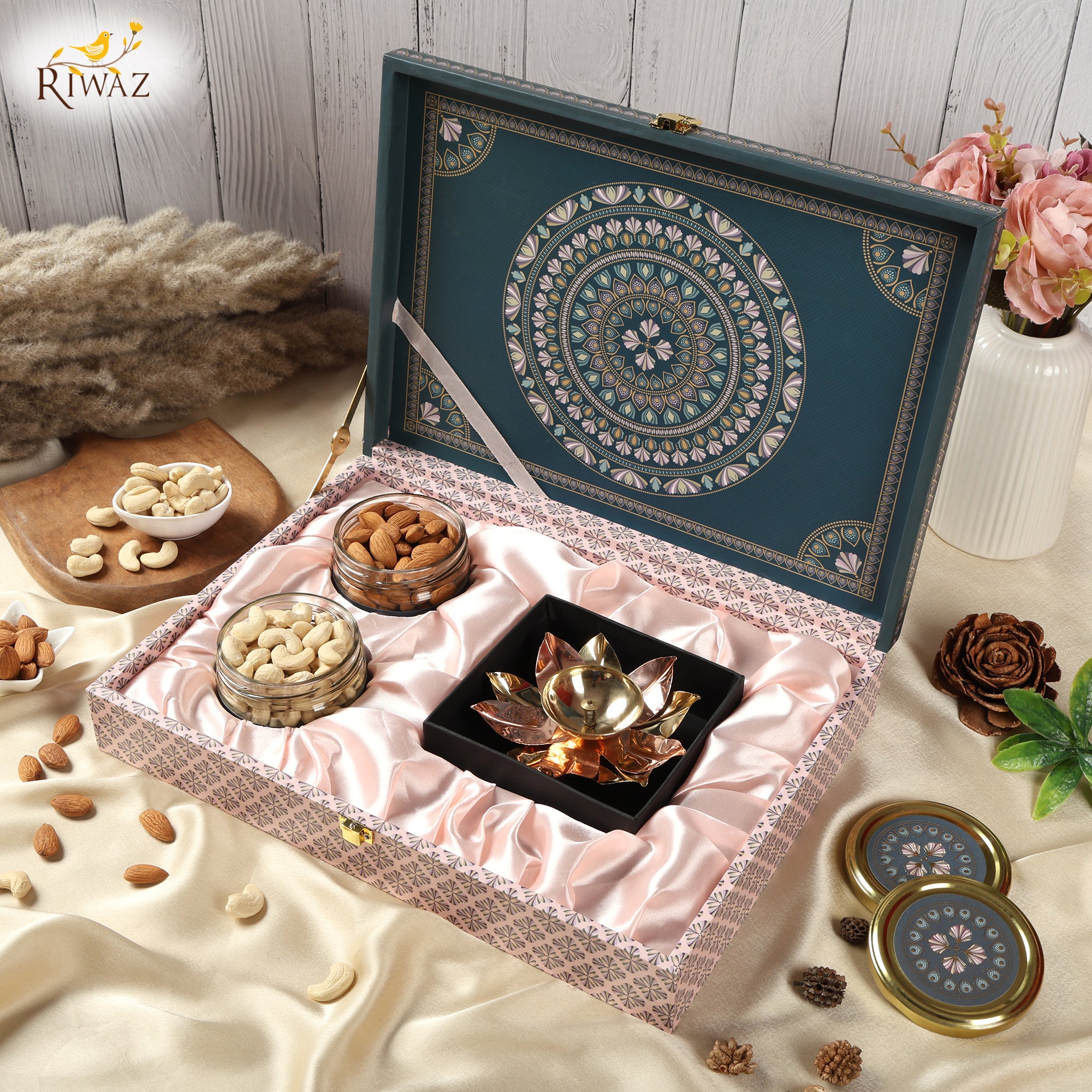 Riwaz Prime Matt Natural Premium Gift Box | Almonds & Cashews with Elegant Lotus Brass Diya | A Thoughtful Hamper for Rakhi, Diwali