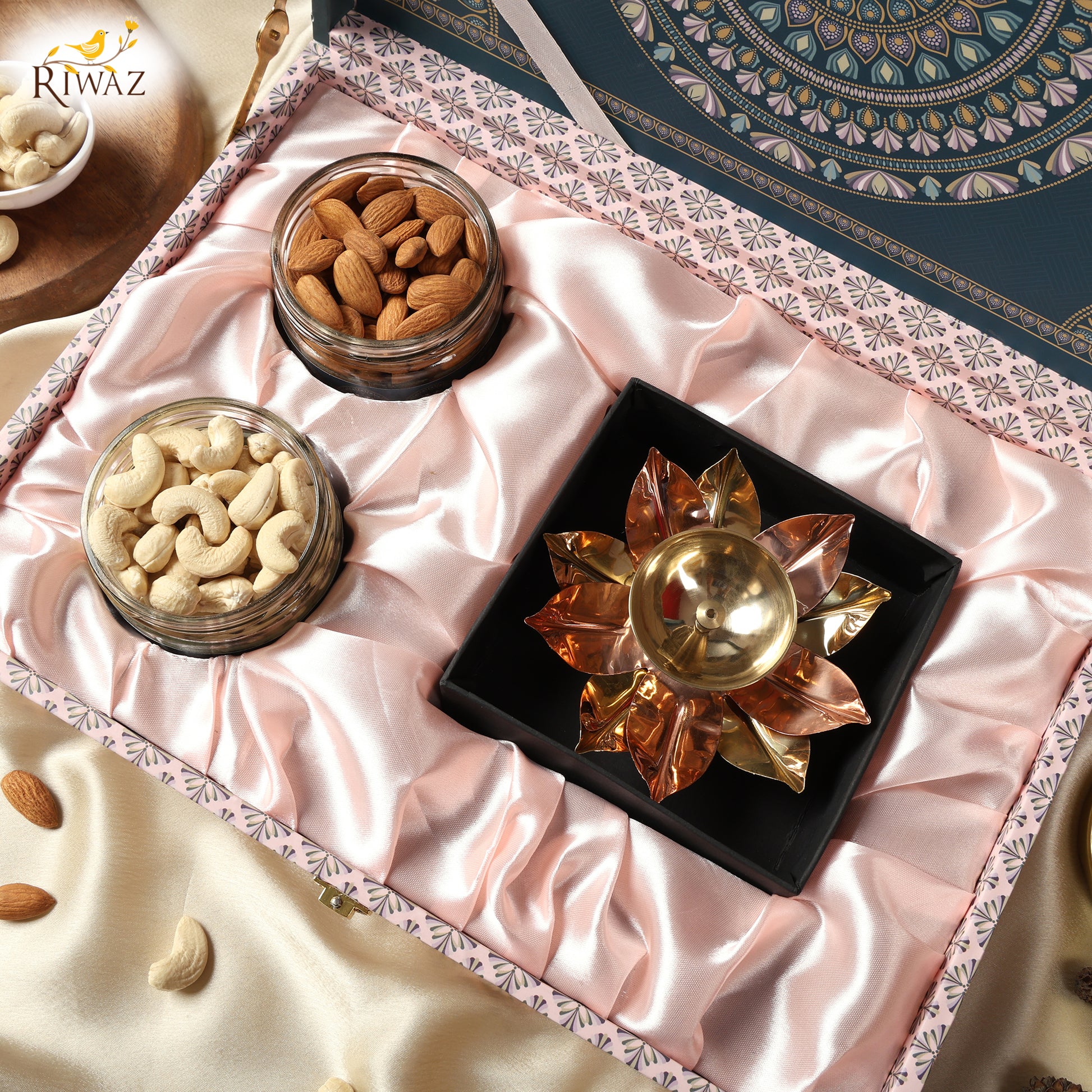 Riwaz Prime Matt Natural Premium Gift Box | Almonds & Cashews with Elegant Lotus Brass Diya | A Thoughtful Hamper for Rakhi, Diwali, Corporate, Wedding & Festive Occasions