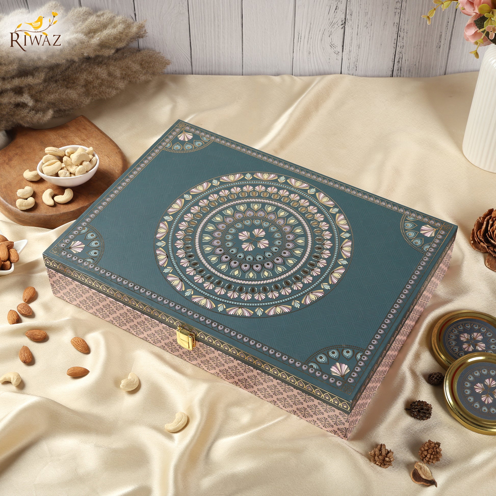 Riwaz Prime Matt Natural Premium Gift Box | Almonds & Cashews with Elegant Lotus Brass Diya | A Thoughtful Hamper for Rakhi, Diwali, Corporate, Wedding & Festive Occasions