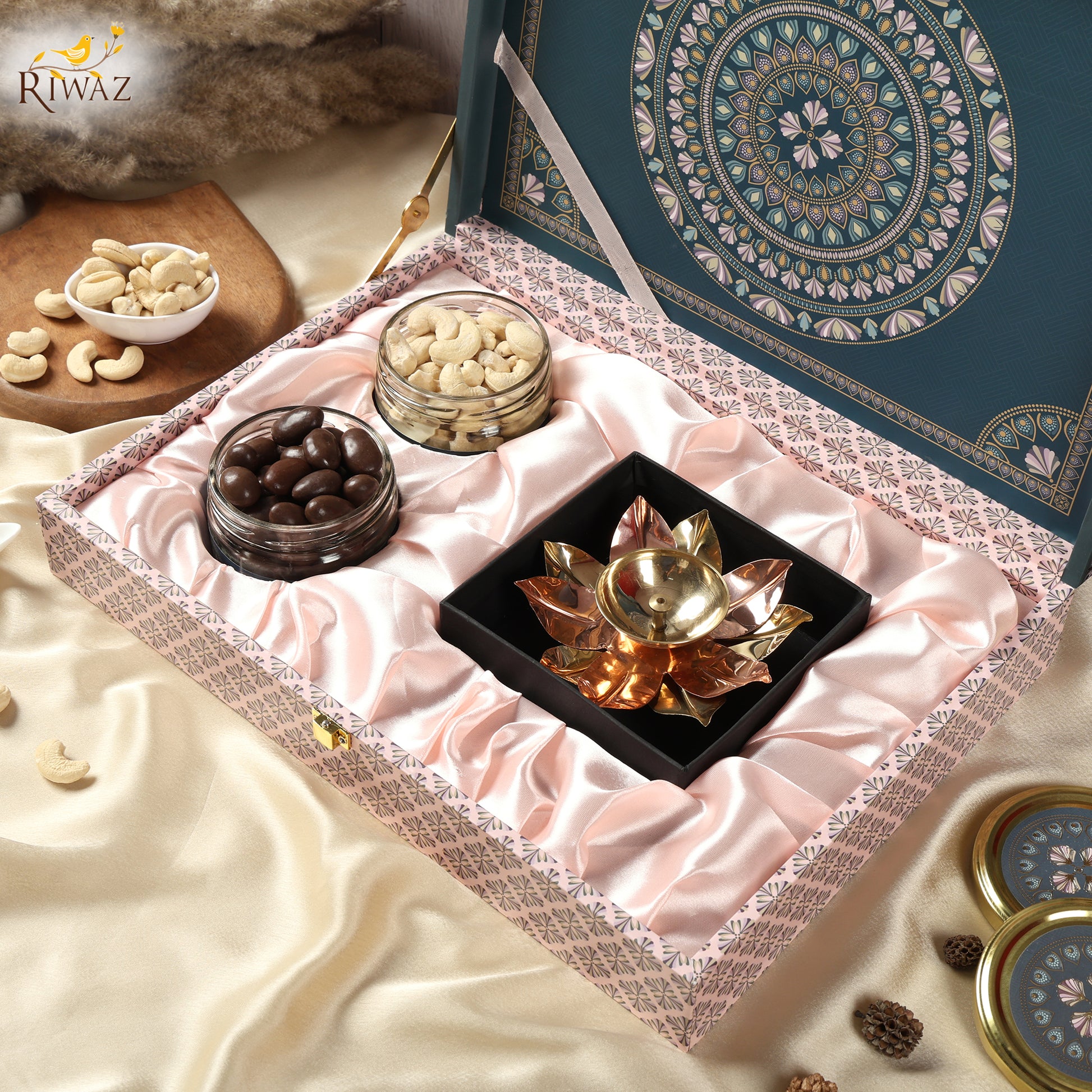 Riwaz Prime Matt Natural Premium Gift Box | Almonds & Cashews with Elegant Lotus Brass Diya | A Thoughtful Hamper for Rakhi, Diwali, Corporate, Wedding & Festive Occasions