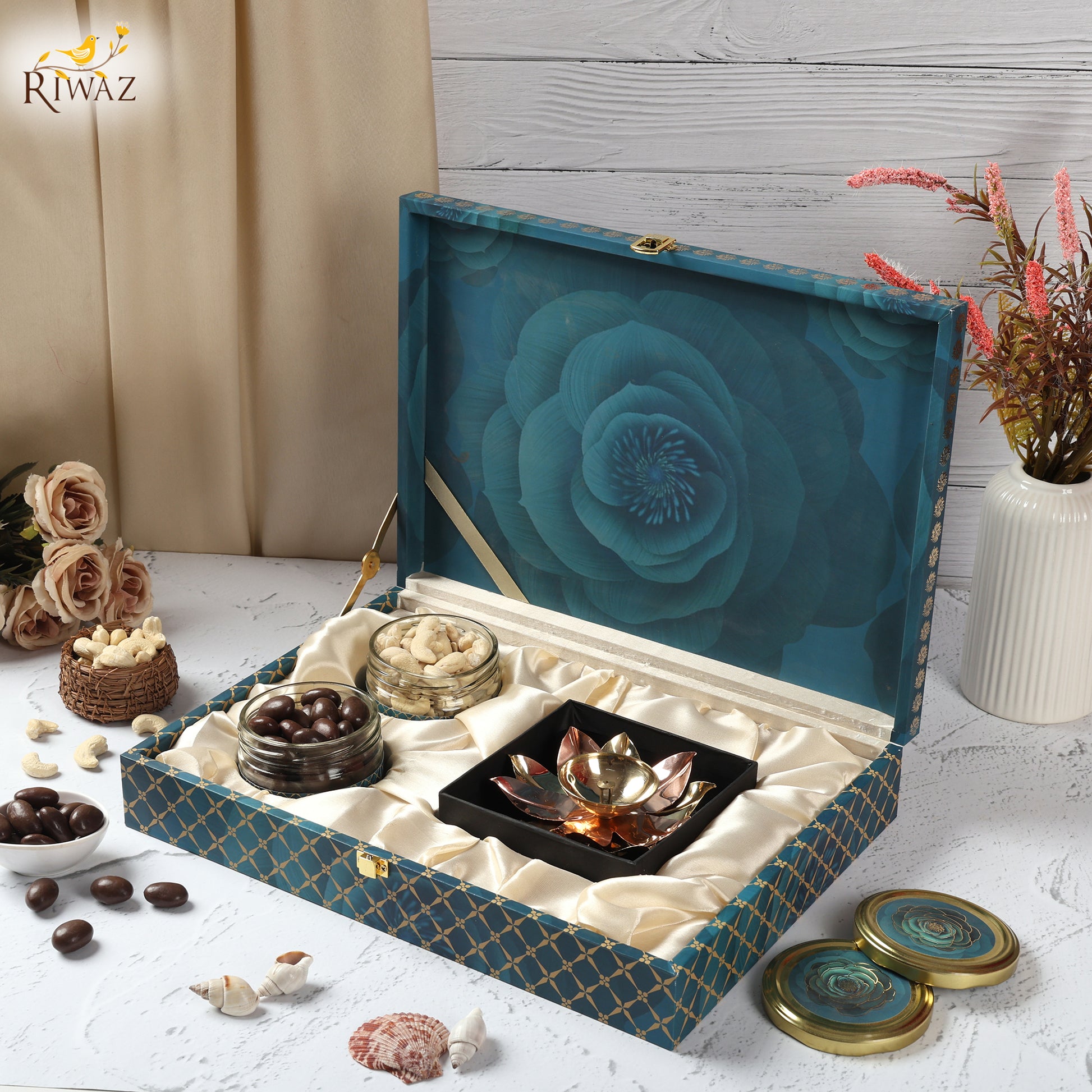 Riwaz Prime Blue Rose Gift Box | Premium Almonds & Cashews with Elegant Lotus Brass Diya | Dry Fruit Hamper for Rakhi, Diwali, Weddings, Festivals & Corporate Gifting