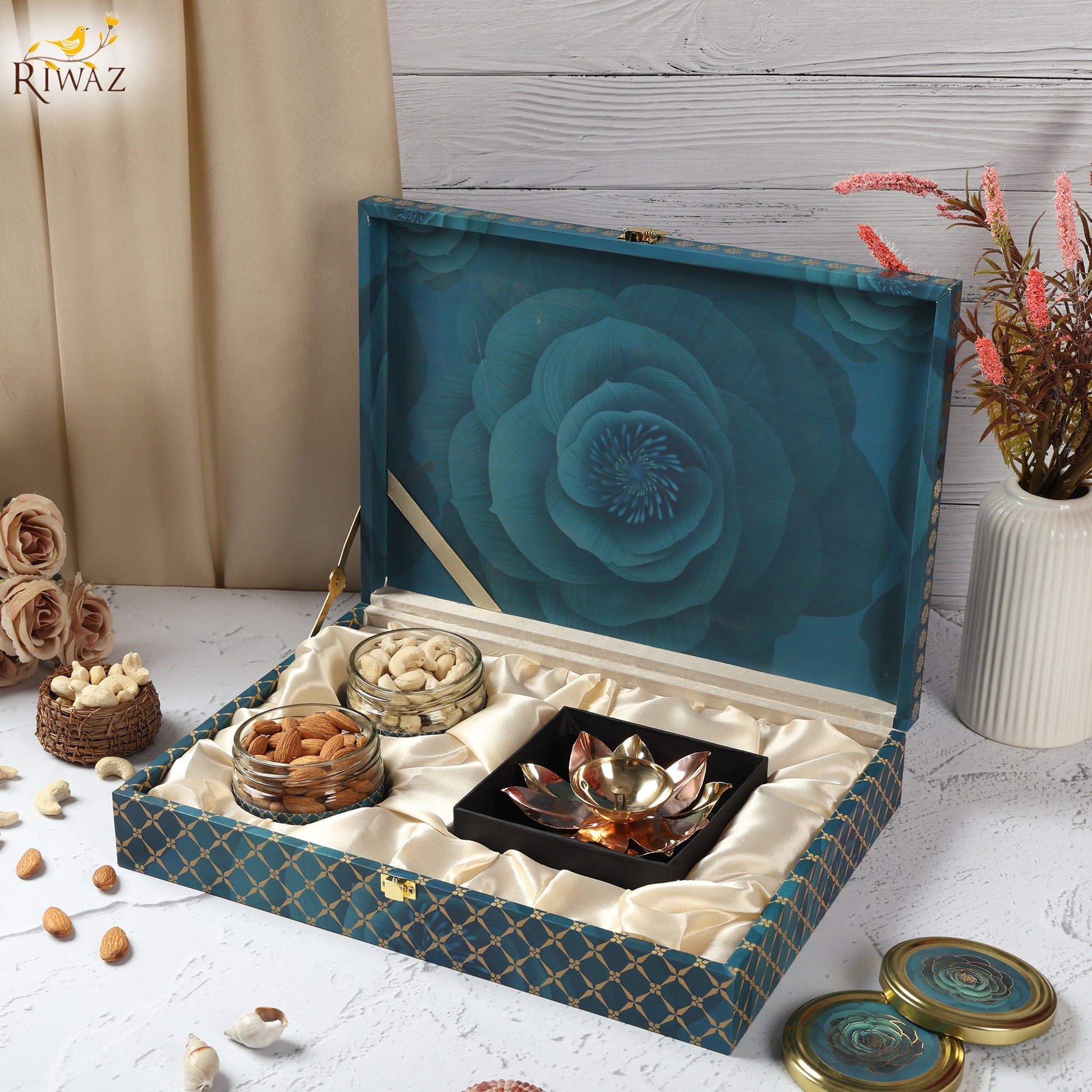 Riwaz Prime Blue Rose Gift Box | Premium Almonds & Cashews with Elegant Lotus Brass Diya | Dry Fruit Hamper for Rakhi, Diwali, Weddings, Festivals & Corporate Gifting