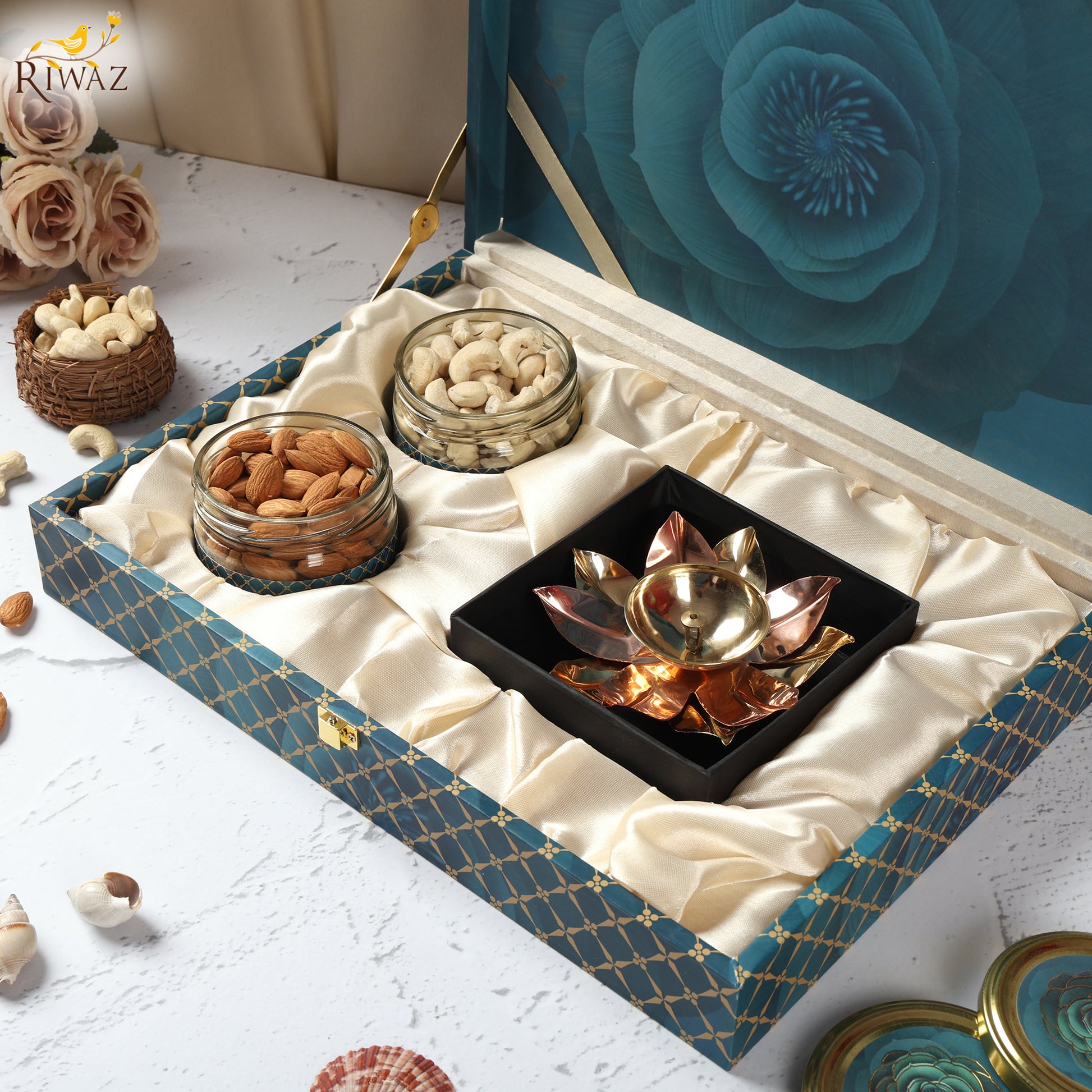 Riwaz Prime Blue Rose Gift Box | Premium Almonds & Cashews with Elegant Lotus Brass Diya | Dry Fruit Hamper for Rakhi, Diwali, Weddings, Festivals & Corporate Gifting