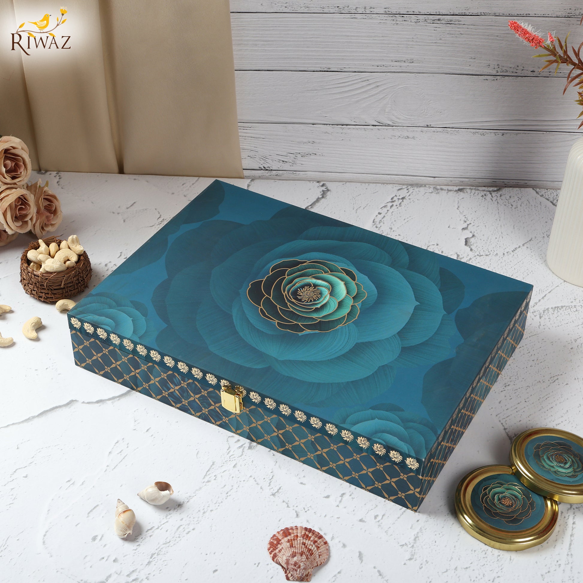 Riwaz Prime Blue Rose Gift Box | Premium Almonds & Cashews with Elegant Lotus Brass Diya | Dry Fruit Hamper for Rakhi, Diwali, Weddings, Festivals & Corporate Gifting