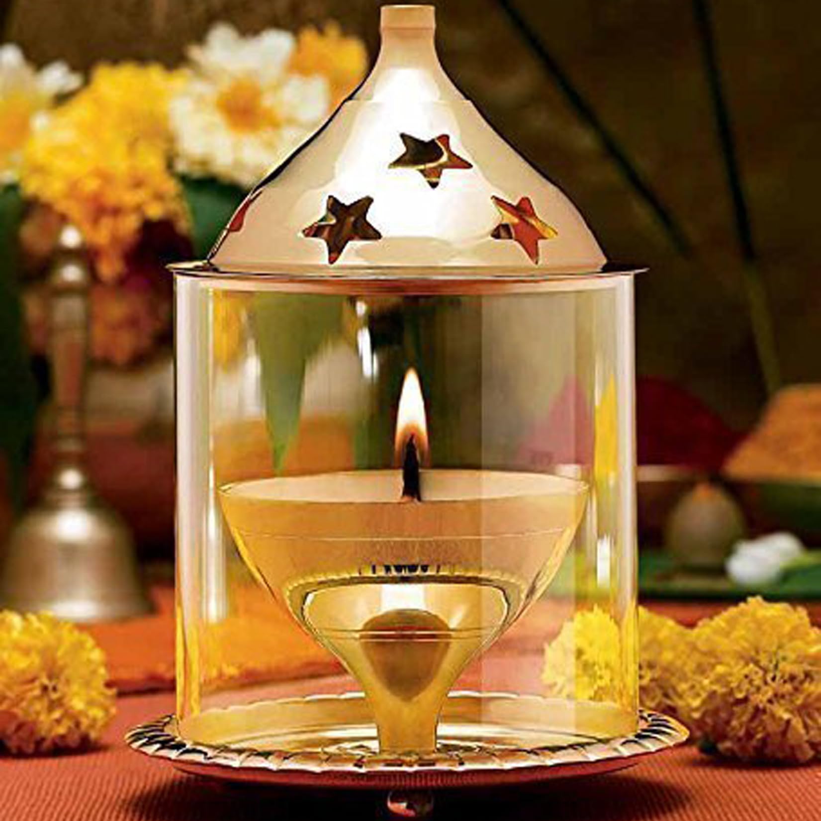 RIWAZ Medium Akhand Jyoti Brass Diya with Borosilicate Glass | Long-Lasting Oil Lamp for Puja, Meditation & Home Decor | Timeless Brass Craftsmanship
