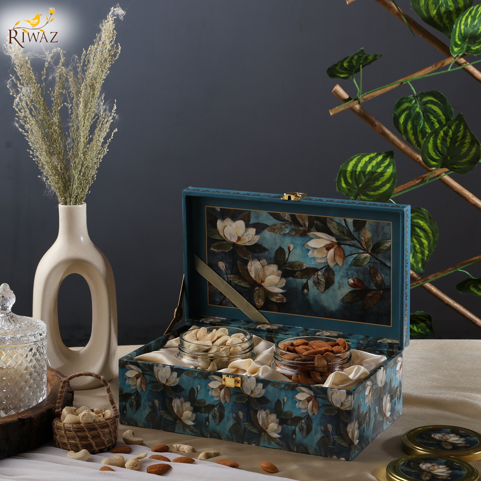 Riwaz Prime Blue Flower Dry Fruit Gift Box – 2 Premium Jars with Cashews & Almonds | Elegant Floral Packaging