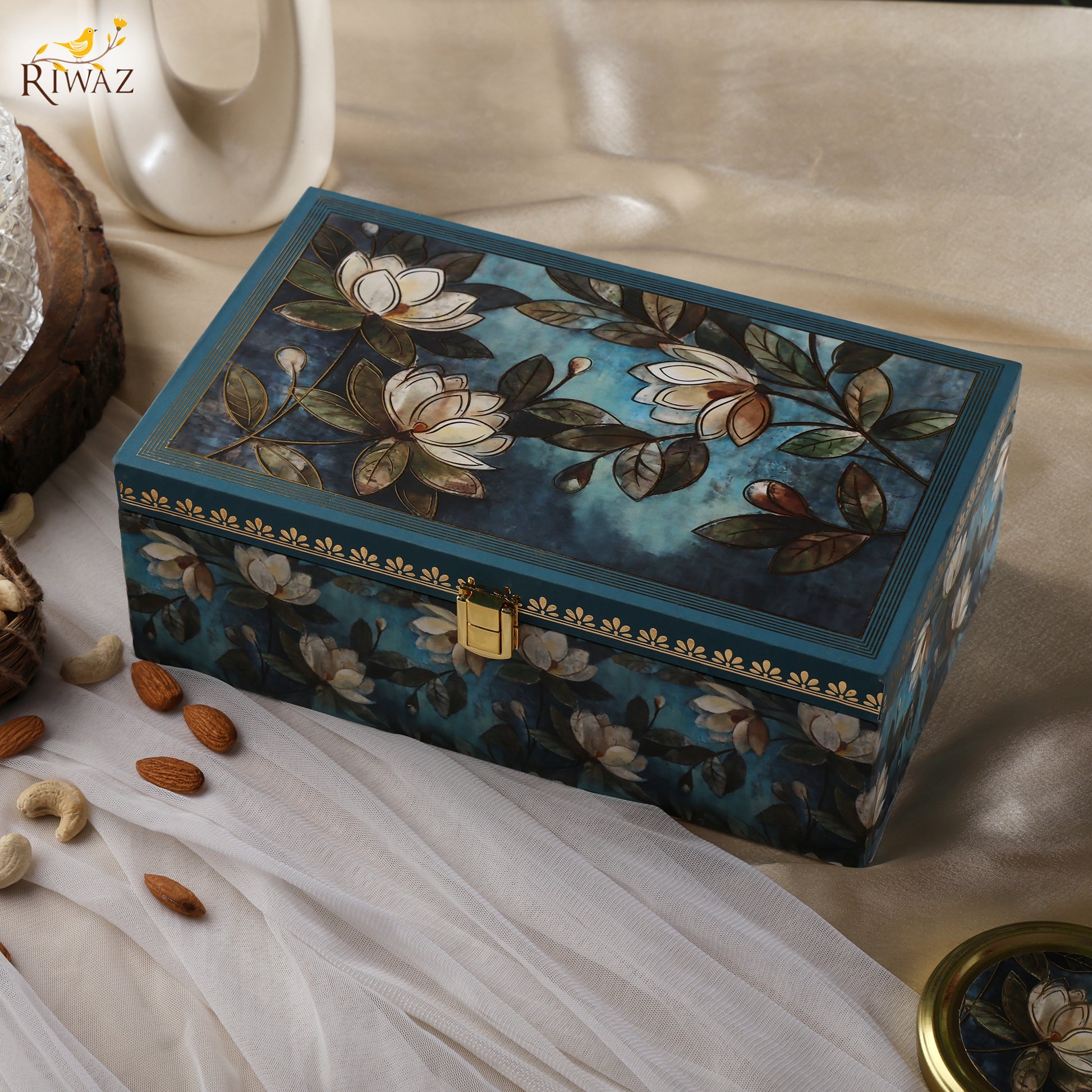Riwaz Prime Blue Flower Dry Fruit Gift Box – 2 Premium Jars with Cashews & Almonds | Elegant Floral Packaging