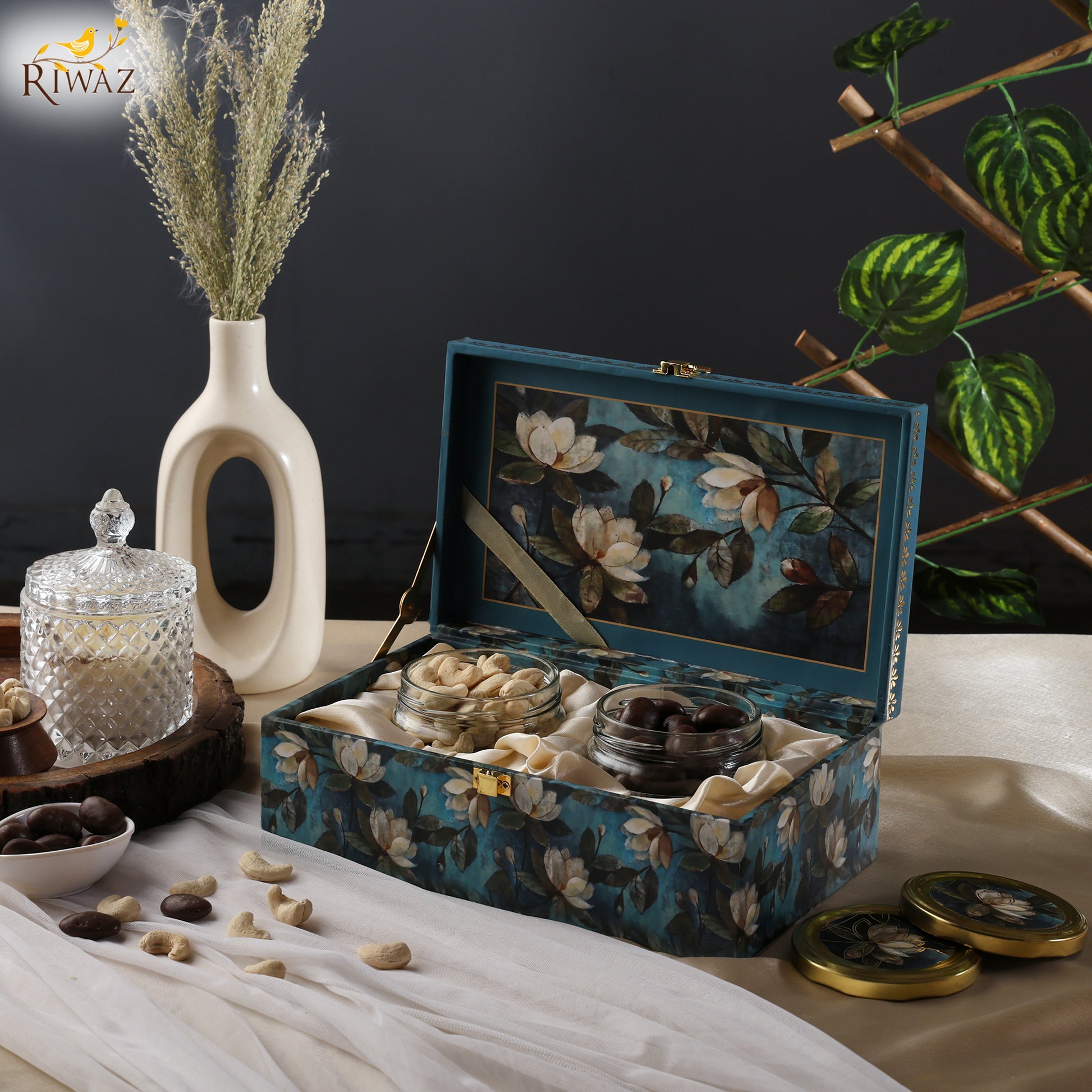 Riwaz Premium Floral Dry Fruit Gift Box with Cashews & Chocolate Nuts – Elegant Magnolia Design