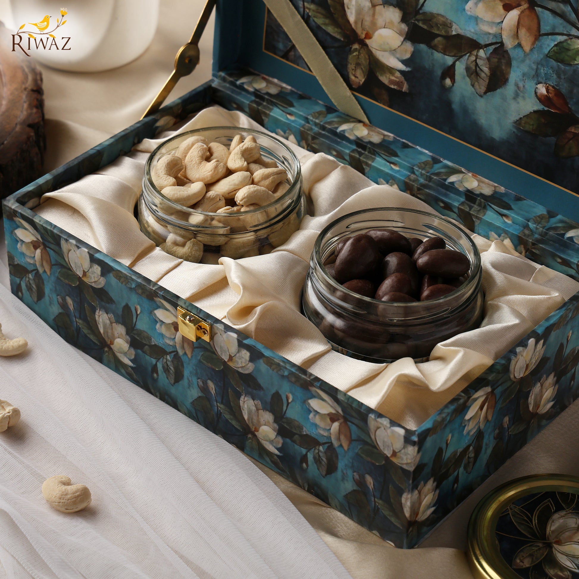 Riwaz Premium Floral Dry Fruit Gift Box with Cashews & Chocolate Nuts – Elegant Magnolia Design