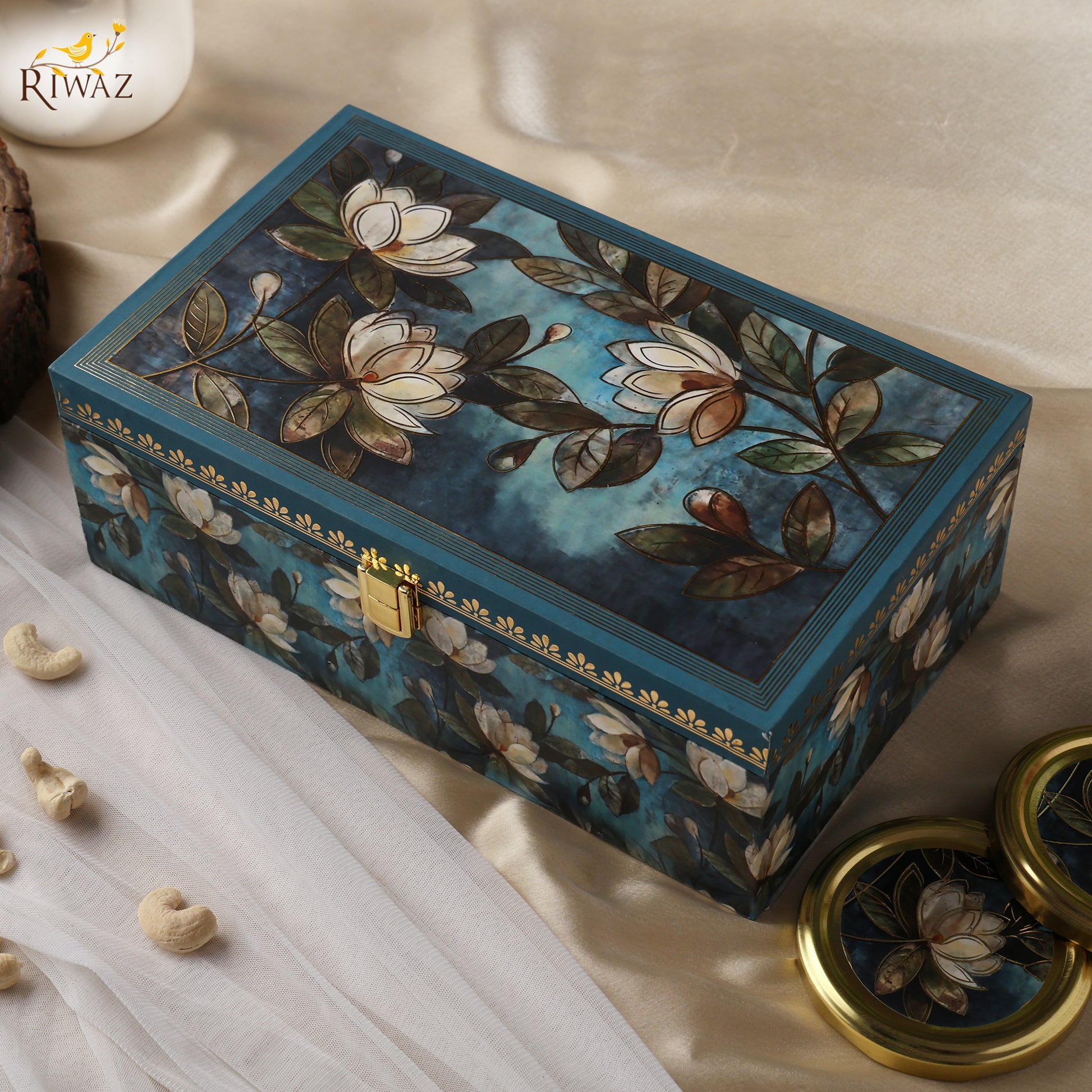 Riwaz Premium Floral Dry Fruit Gift Box with Cashews & Chocolate Nuts – Elegant Magnolia Design