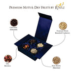 Riwaz Luxury Blue Suede GiftboxPremium 4-Jar Set | Almonds, Cashews, Pistachios , Walnuts , Figs & Raisins| Luxury Elegant & Reusable Gift Hamper