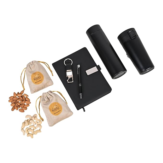 Riwaz Executive Corporate Gift Hamper for Diwali | Elegant Potli Bag with Diary, Pen, Smart Tumbler Bottle, Keychain, Almonds & Cashews