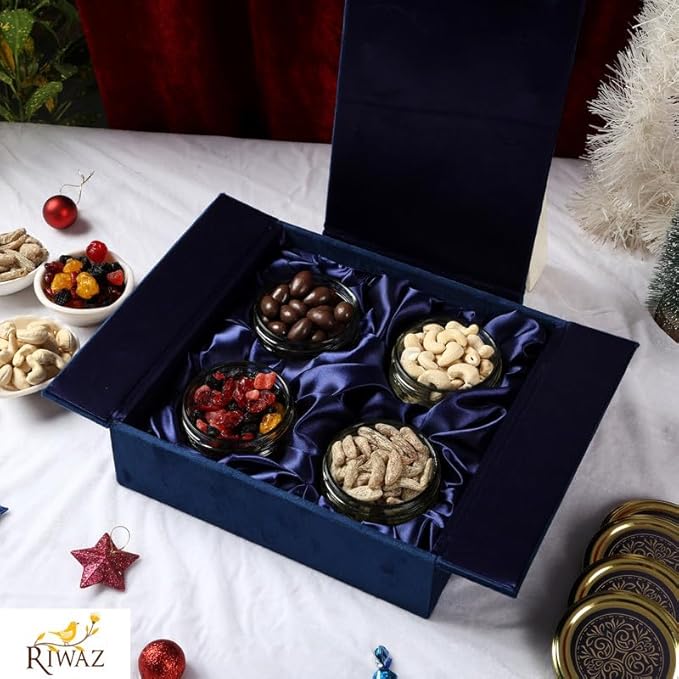 Riwaz Luxury Blue Suede GiftboxPremium 4-Jar Set | Almonds, Cashews, Pistachios , Walnuts , Figs & Raisins| Luxury Elegant & Reusable Gift Hamper