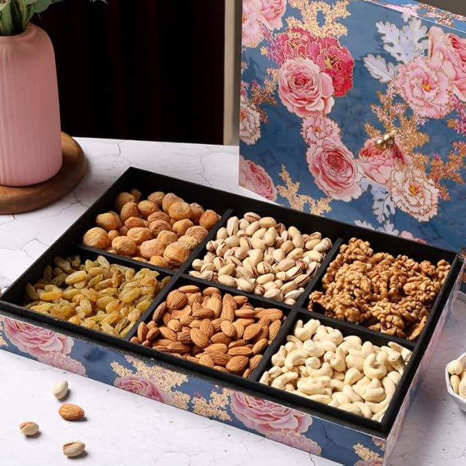 Riwaz Elite Dry Fruits Gift Box | Exquisite Enamel Pink Flower Designer | Premium Assorted Nuts & Dried Fruits: Almonds, Cashews, Raisins