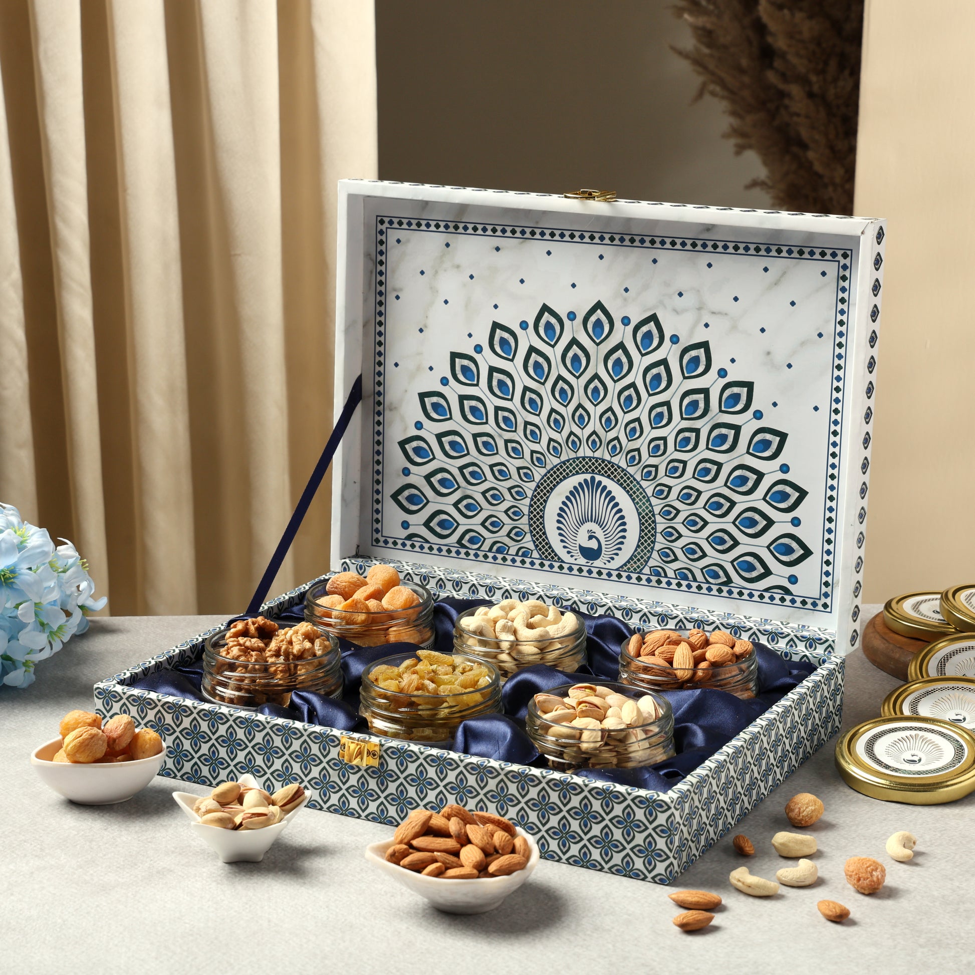Riwaz Premium Mor Pankh Dry Fruit Gift Box – Premium Assorted Nuts & Dry Fruits in Designer Peacock Packaging | Festive Luxury Hamper for Diwali, Rakhi, Weddings & Corporate Gifting