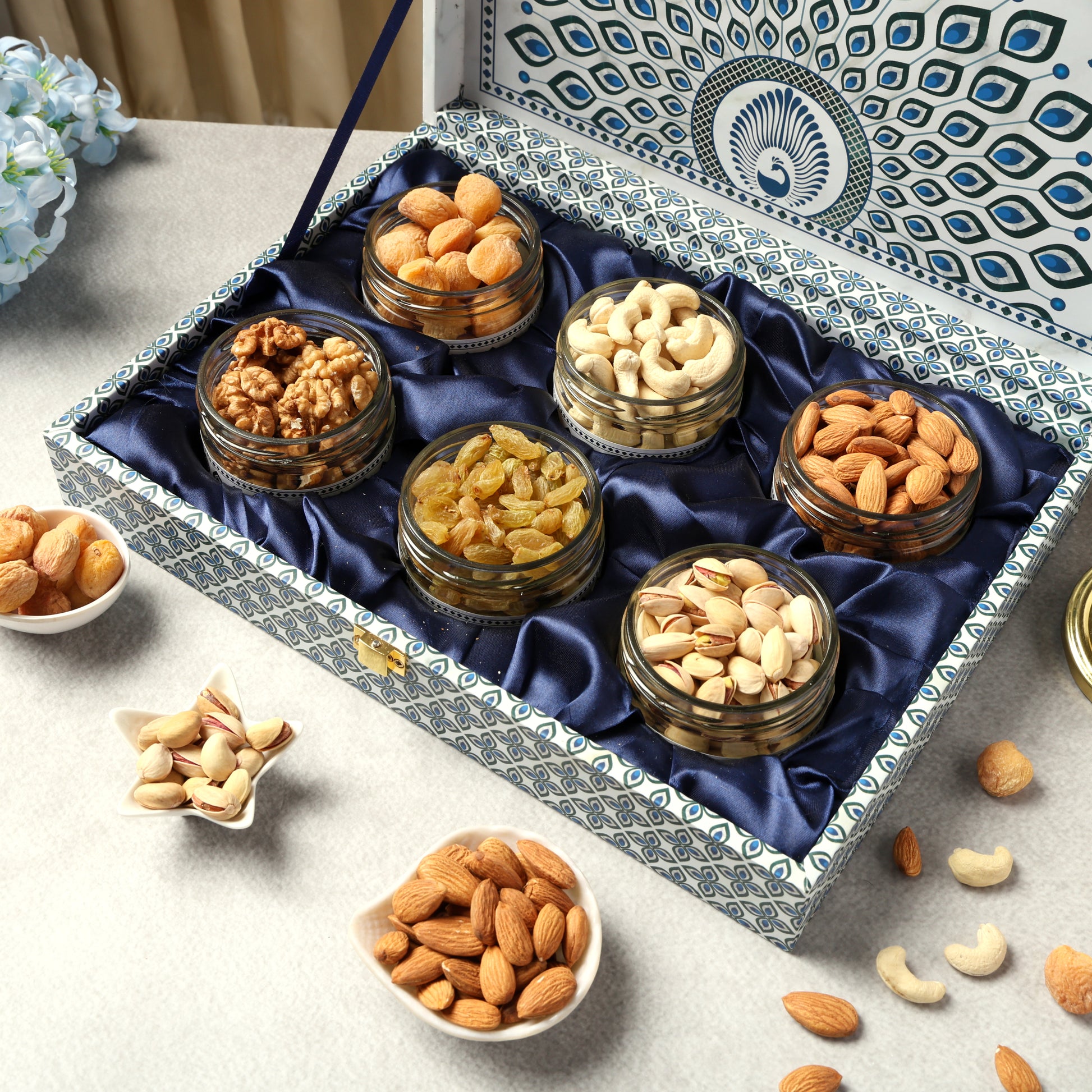 Riwaz Premium Mor Pankh Dry Fruit Gift Box – Premium Assorted Nuts & Dry Fruits in Designer Peacock Packaging | Festive Luxury Hamper for Diwali, Rakhi, Weddings & Corporate Gifting