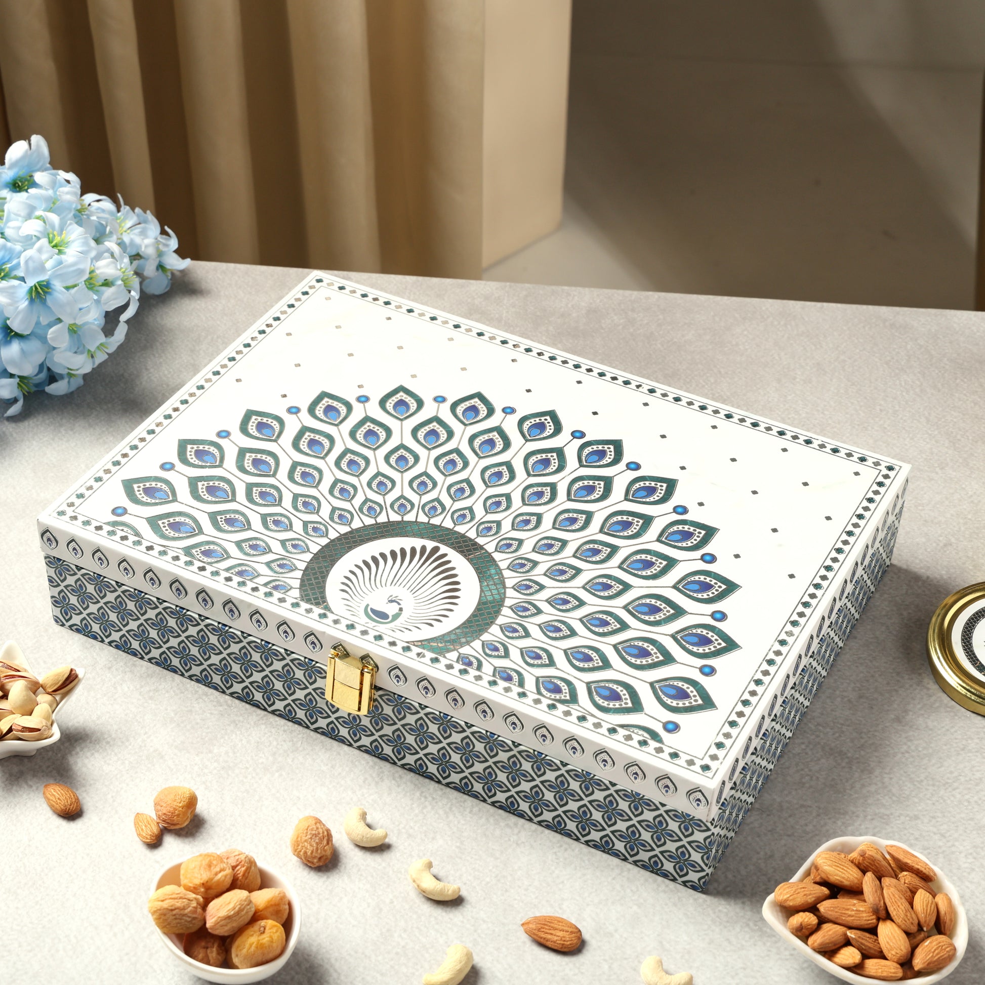 Riwaz Premium Mor Pankh Dry Fruit Gift Box – Premium Assorted Nuts & Dry Fruits in Designer Peacock Packaging | Festive Luxury Hamper for Diwali, Rakhi, Weddings & Corporate Gifting