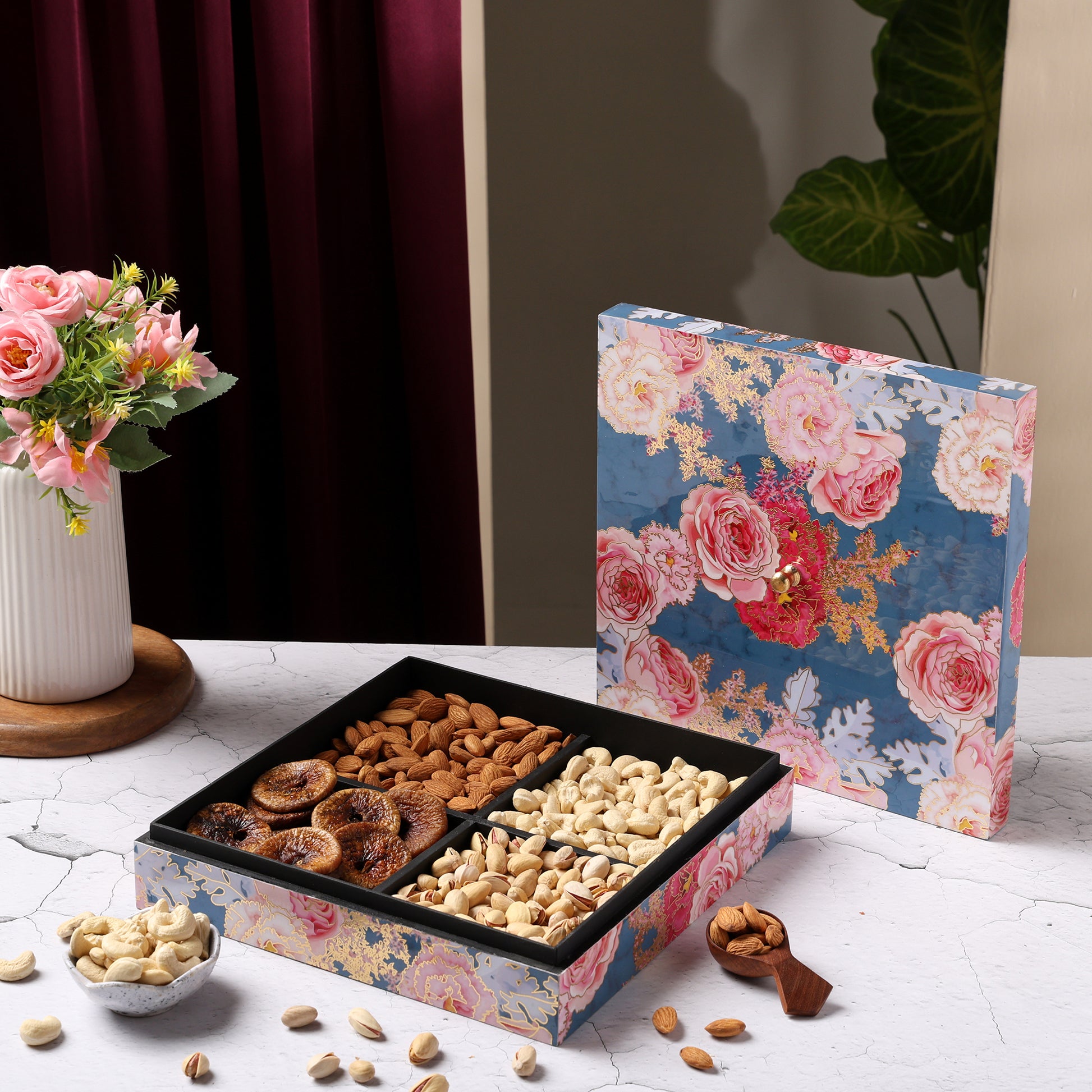 Riwaz Premium Dry Fruit Gift Box – Almonds, Cashews, Pistachios & Figs | Festive & Corporate Gifting Hamper | Elegant Floral Box