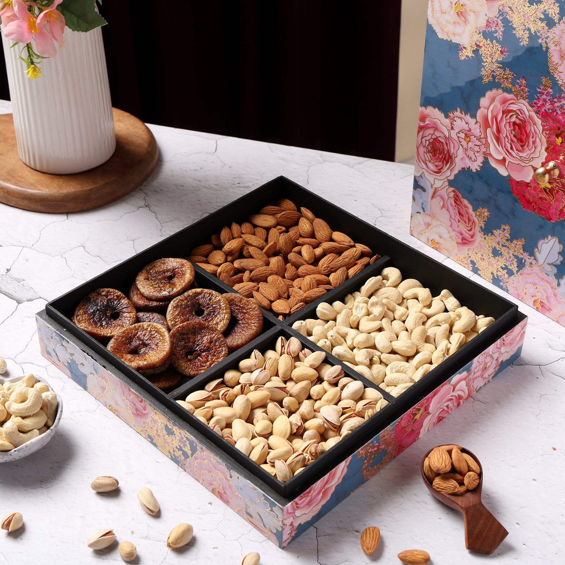 Riwaz Premium Dry Fruit Gift Box – Almonds, Cashews, Pistachios & Figs | Festive & Corporate Gifting Hamper | Elegant Floral Box