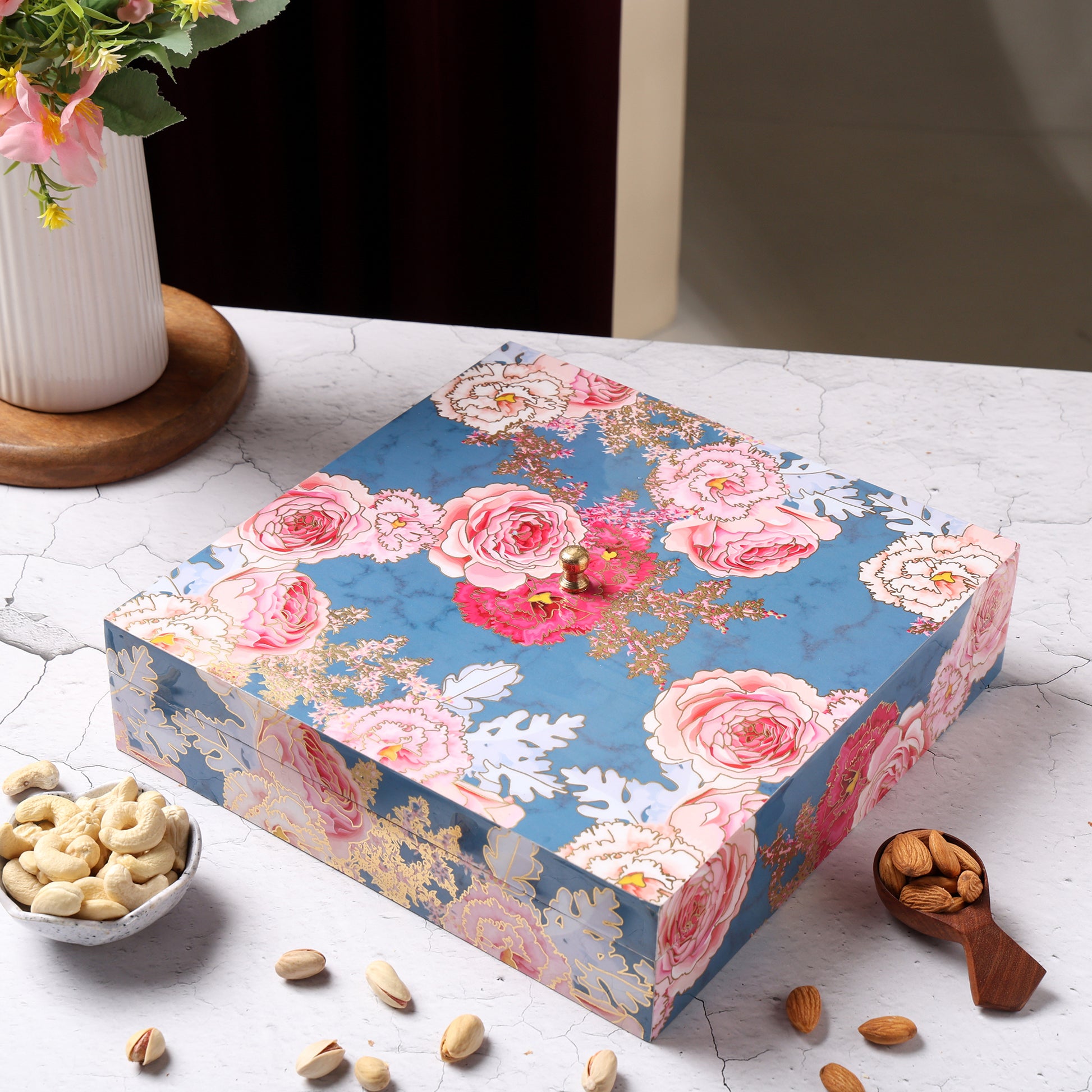 Riwaz Premium Dry Fruit Gift Box – Almonds, Cashews, Pistachios & Figs | Festive & Corporate Gifting Hamper | Elegant Floral Box