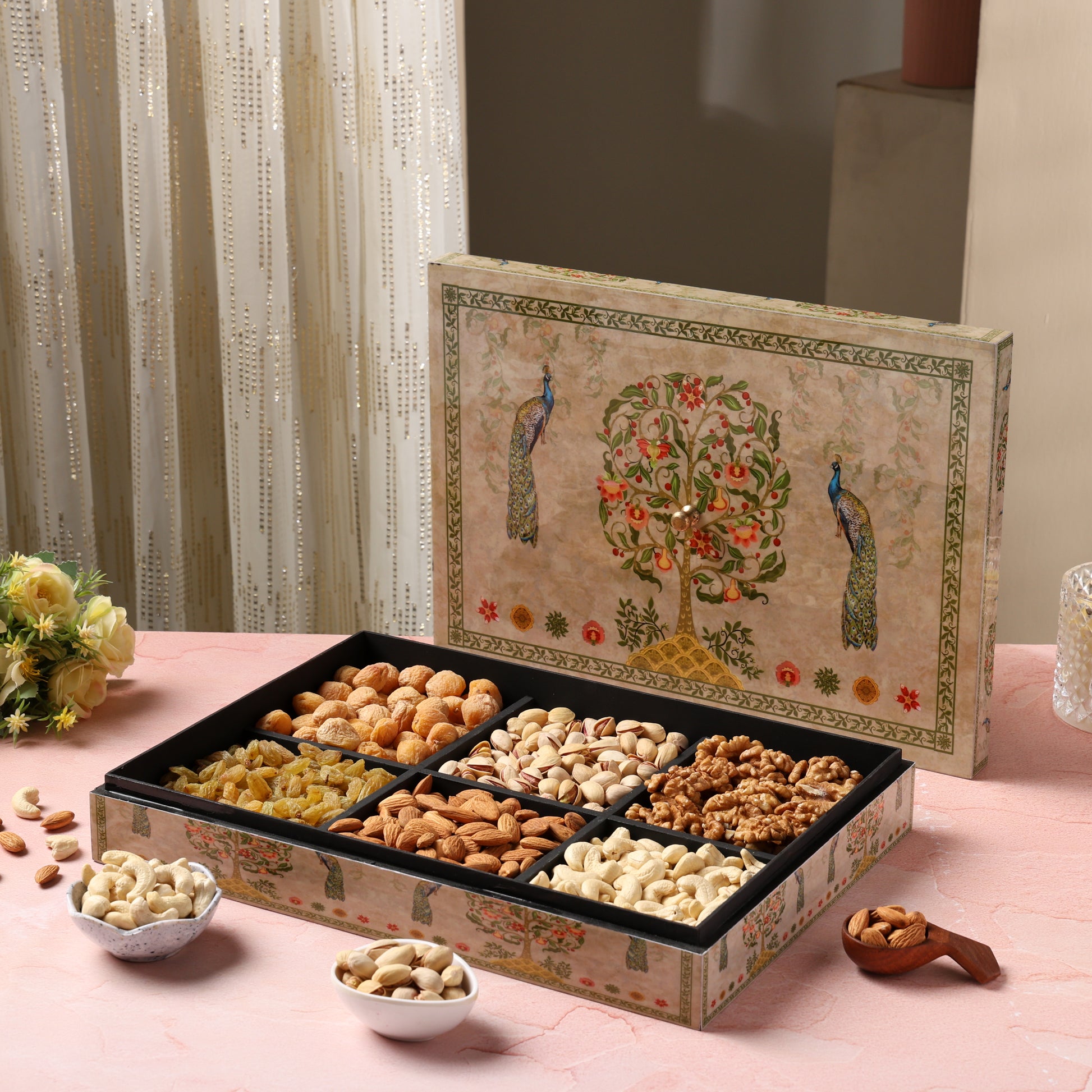 Riwaz Elite Enamel Peacock Designer Dry Fruit Gift Box | 6 Column with Almonds, Cashews, Raisins, Pistachios, Walnuts & Khumani | Premium Hamper for Rakhi, Diwali & Festival Corporate Gifting