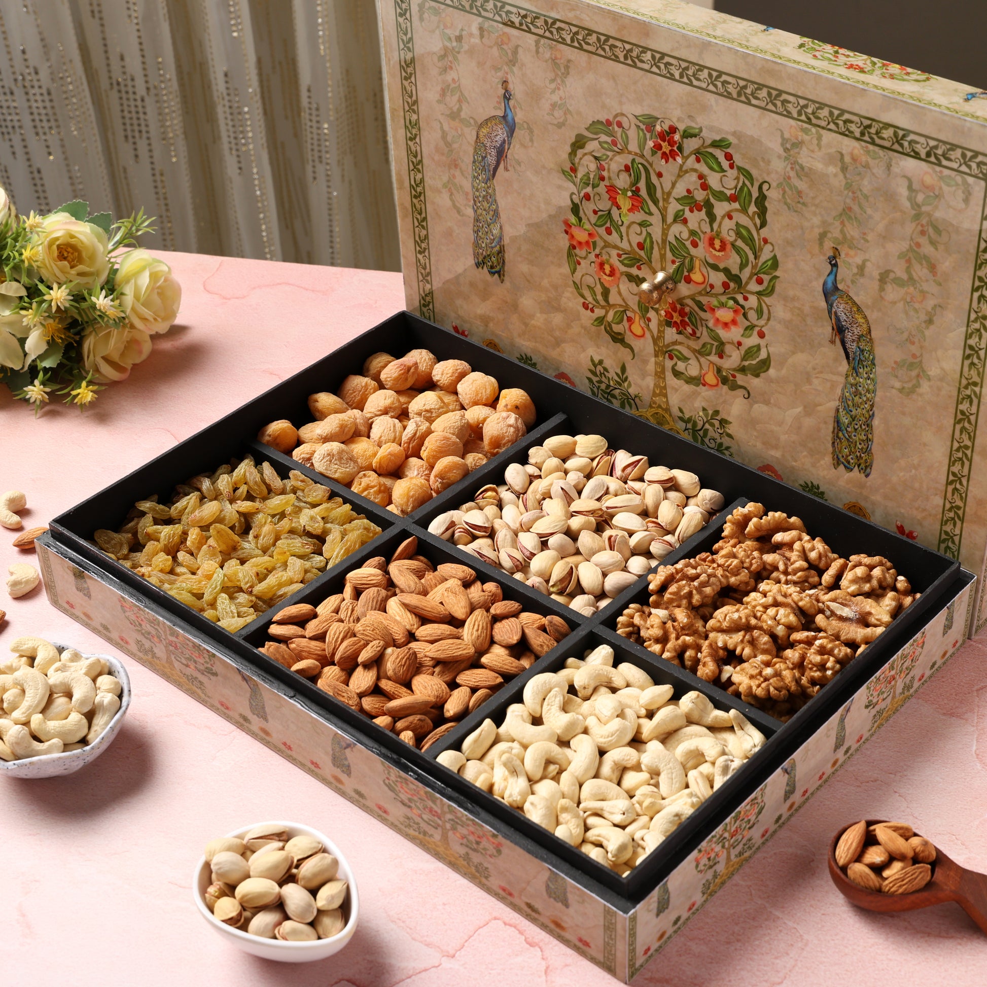 Riwaz Elite Enamel Peacock Designer Dry Fruit Gift Box | 6 Column with Almonds, Cashews, Raisins, Pistachios, Walnuts & Khumani | Premium Hamper for Rakhi, Diwali & Festival Corporate Gifting