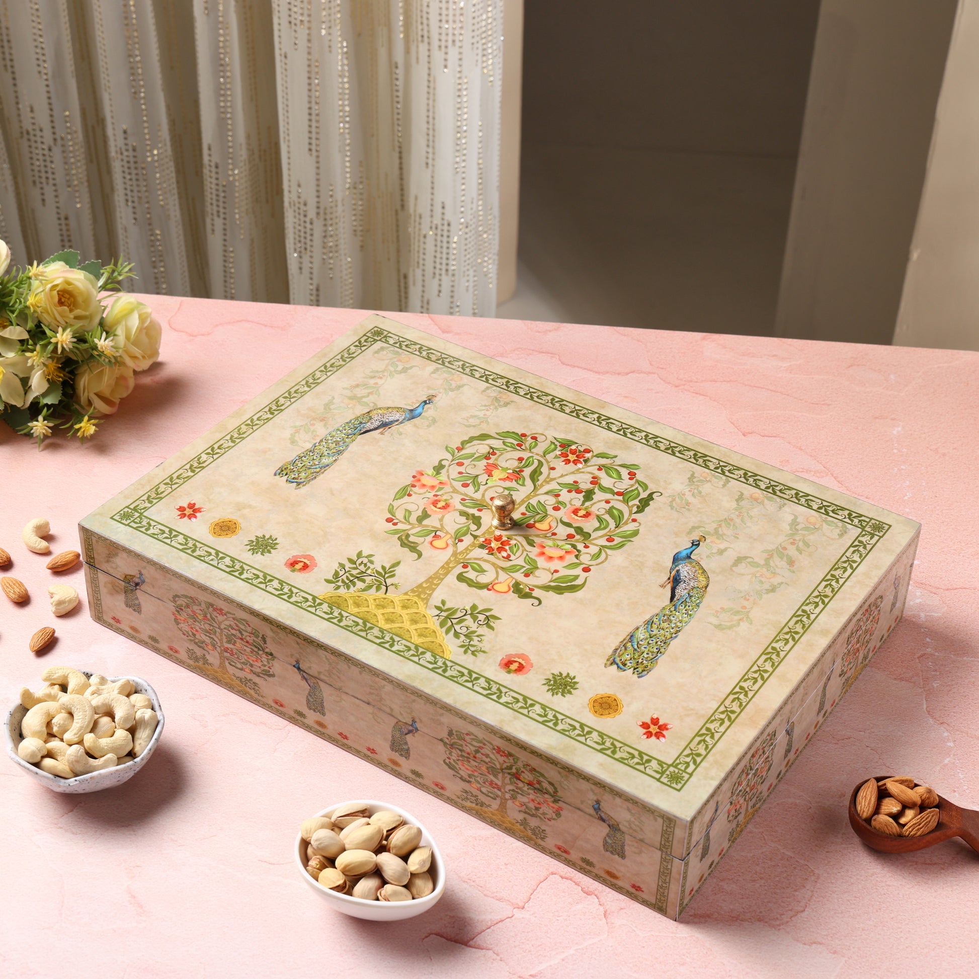 Riwaz Elite Enamel Peacock Designer Dry Fruit Gift Box | 6 Column with Almonds, Cashews, Raisins, Pistachios, Walnuts & Khumani | Premium Hamper for Rakhi, Diwali & Festival Corporate Gifting