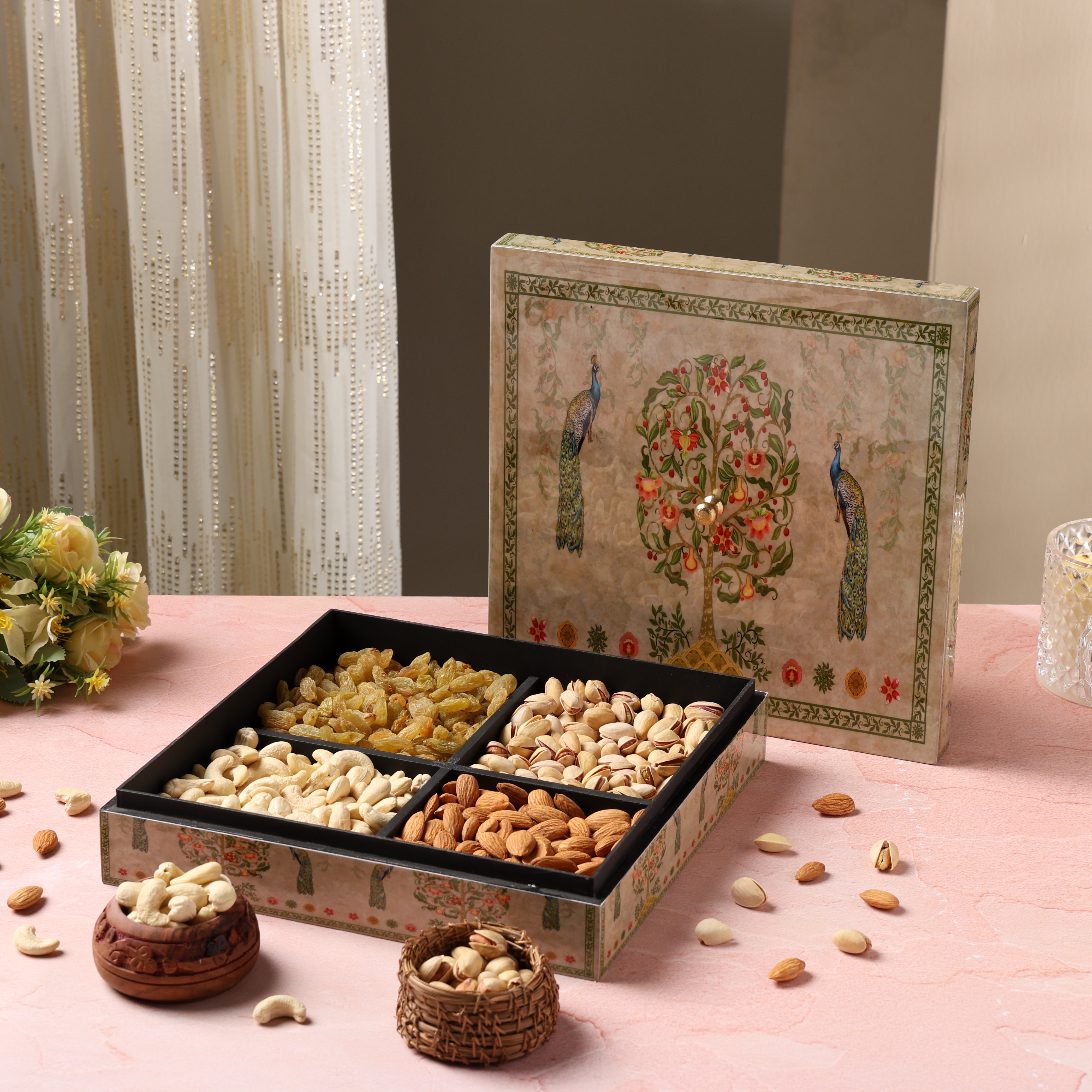 Riwaz Elite Enamel Peacock Dry Fruit Gift Box | Assorted Almonds, Cashews, Pistachios & Raisins | Premium Festive Hamper for Rakhi, Diwali
