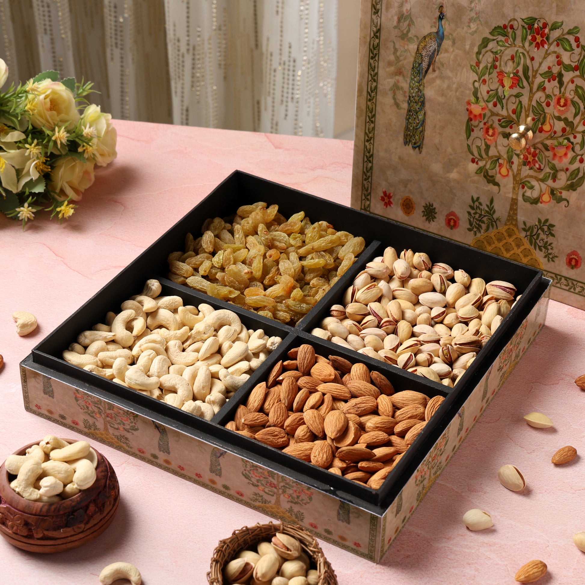 Riwaz Elite Enamel Peacock Dry Fruit Gift Box | Assorted Almonds, Cashews, Pistachios & Raisins | Premium Festive Hamper for Rakhi, Diwali, Wedding & Corporate Gifting
