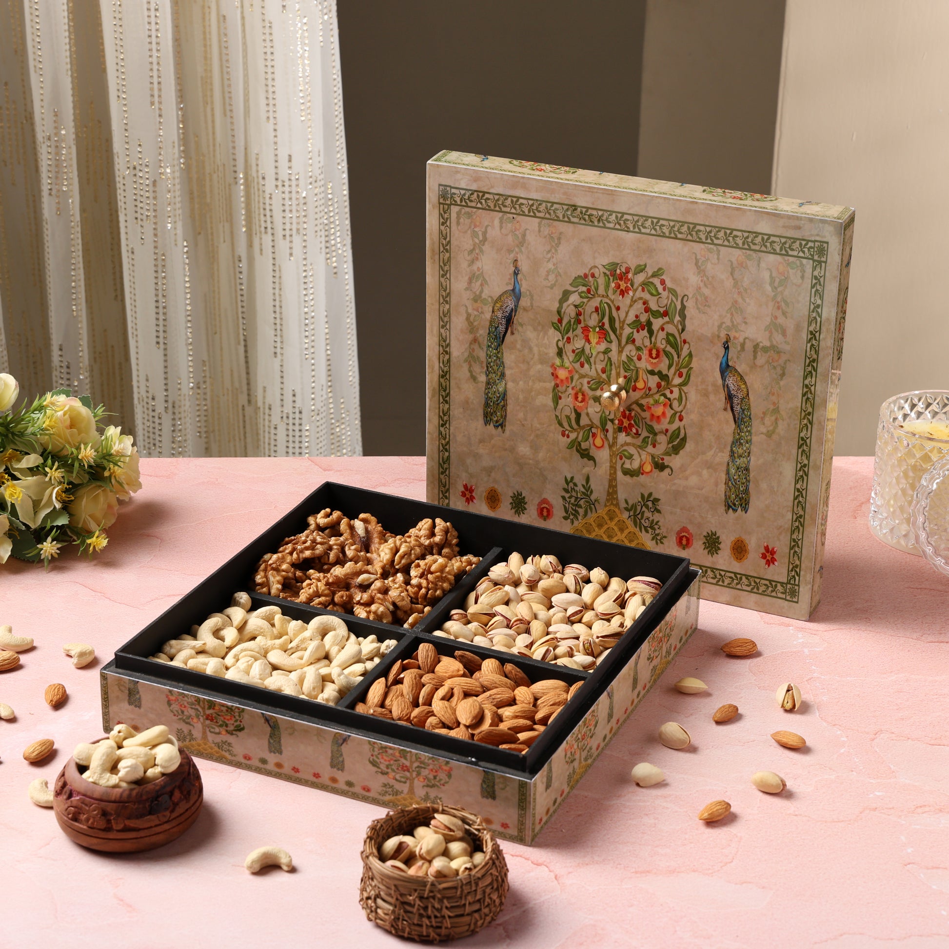 Riwaz Elite Enamel Peacock Dry Fruit Gift Box | Assorted Almonds, Cashews, Pistachios & Raisins | Premium Festive Hamper for Rakhi, Diwali, Wedding & Corporate Gifting